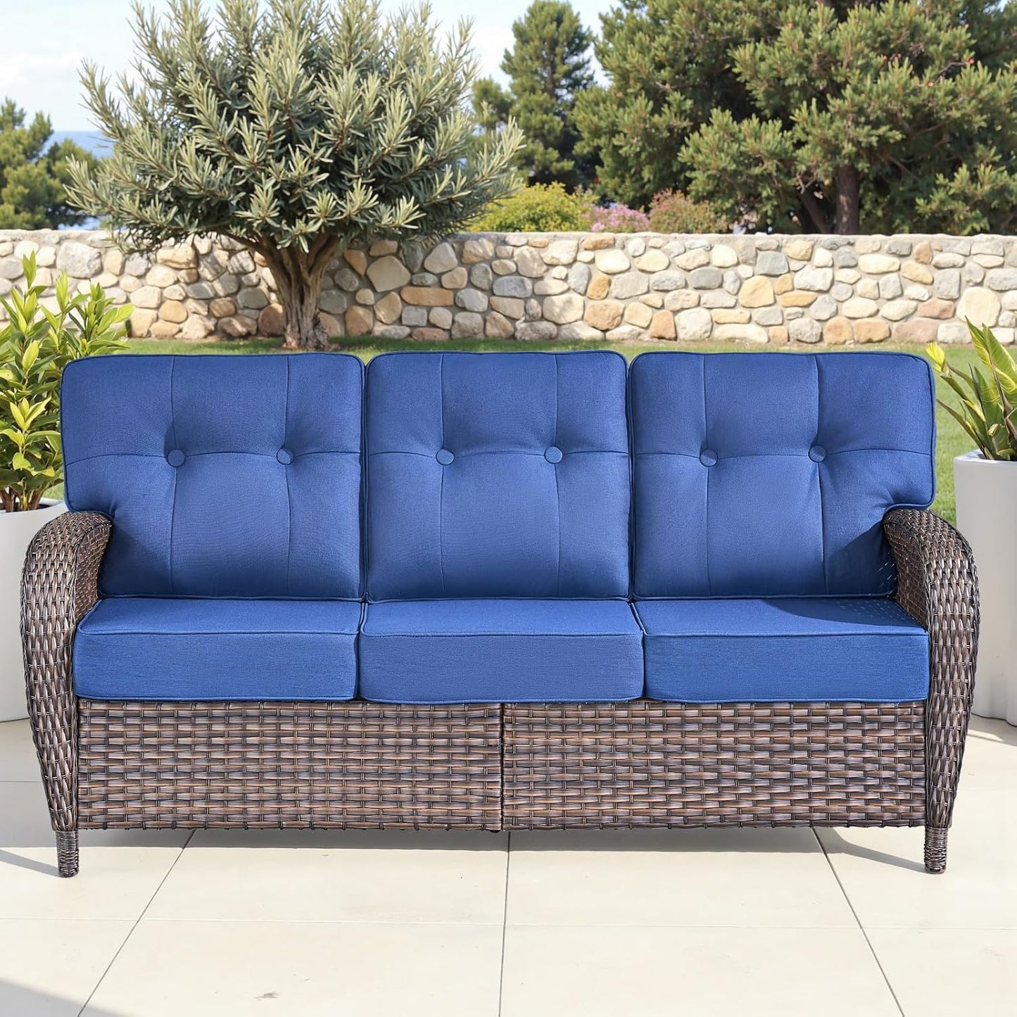 6-Piece Rotating Balcony Chair Set with 31-inch T-Shaped Wide backrest - Rattan Outdoor Rotating Balcony Chairs, Wide backrest Comfortable Outdoor Sliding Chair - Brown | Blue