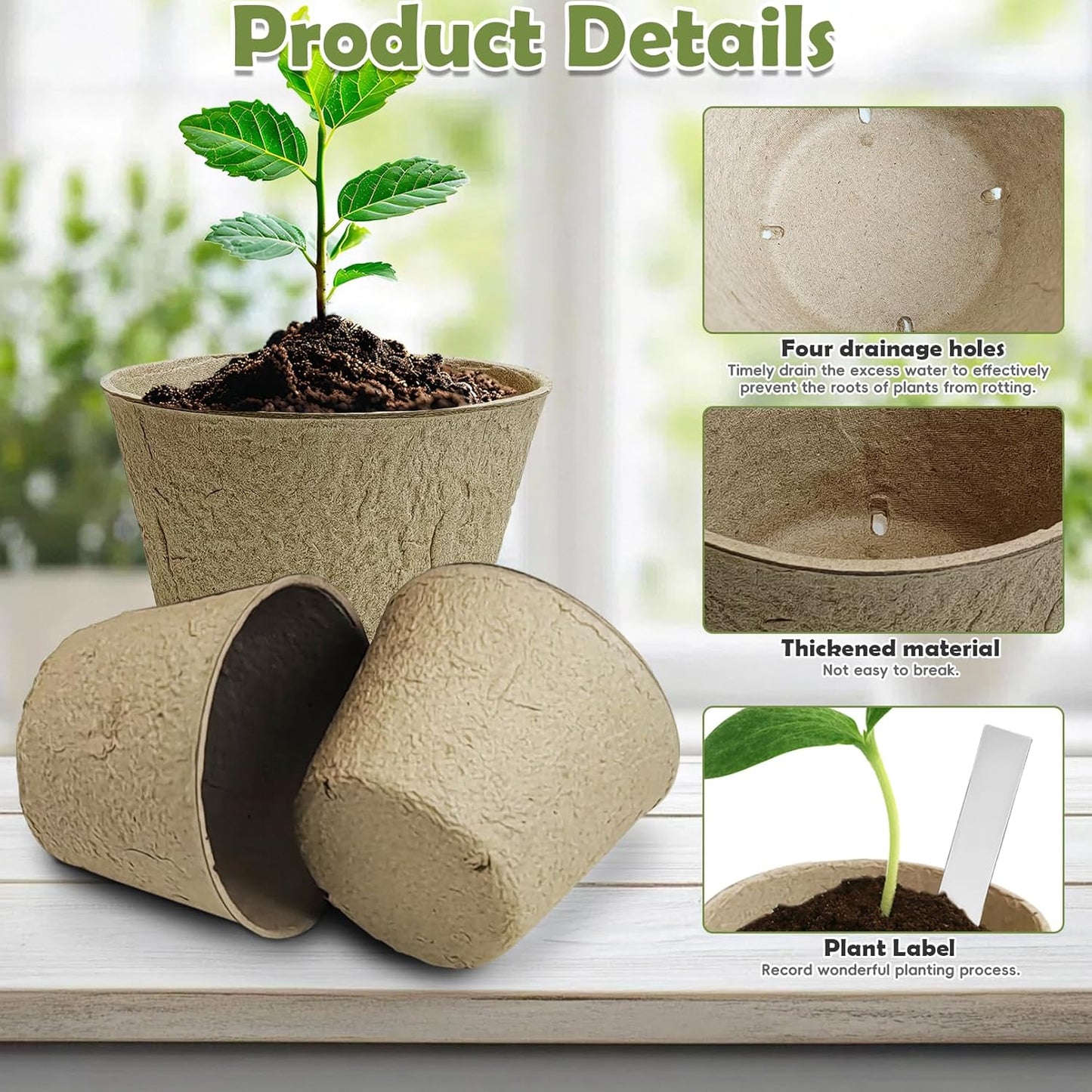 PINVNBY 132 PCS Plant Pots 4 Inch Peat Pots for Seedlings with 100 Pcs Plant Labels Biodegradable Nursery Pots with Drainage Holes for Indoor and Outdoor Planting
