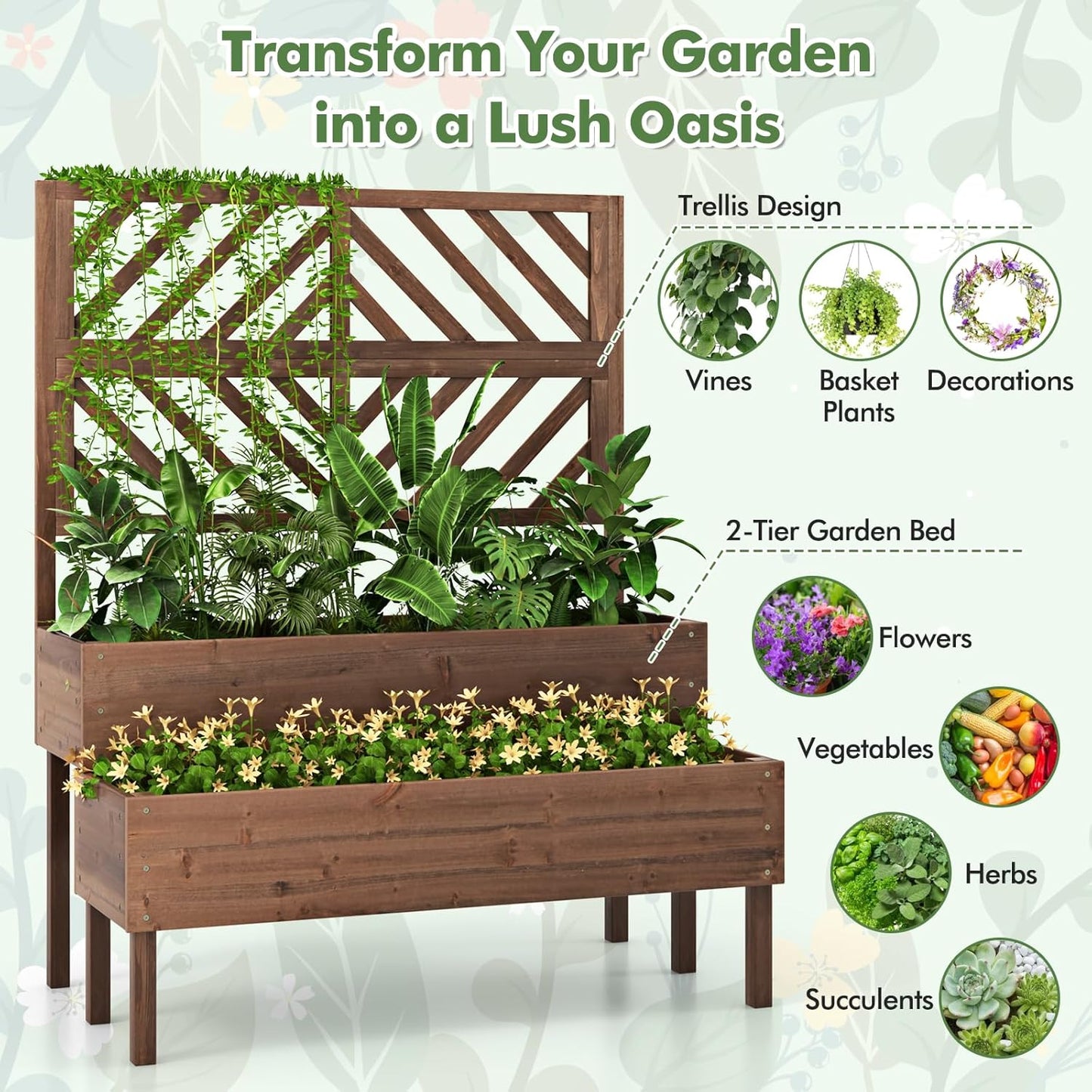 LDAILY Raised Garden Bed with Trellis & 2 Planter Boxes, 2-Tier Wooden Raised Bed with Bottom, Elevated Legs & 10 Drainage Holes, Gardening Planter Box for Flowers/Vegetables/Fruits in Backyard Patio