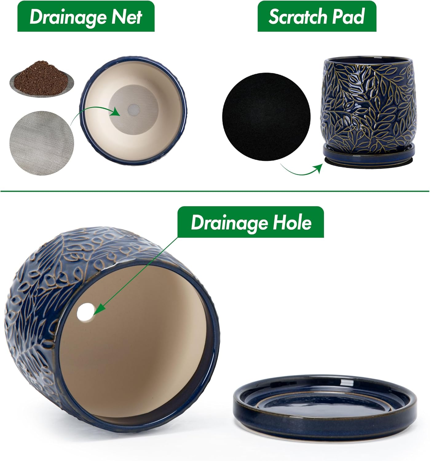 D'vine Dev 5 Inch Embossed Leaves Stoneware Planter Pot with Drainage Hole and Saucer, Midnight Blue, Set of 2, 27-F-V-3