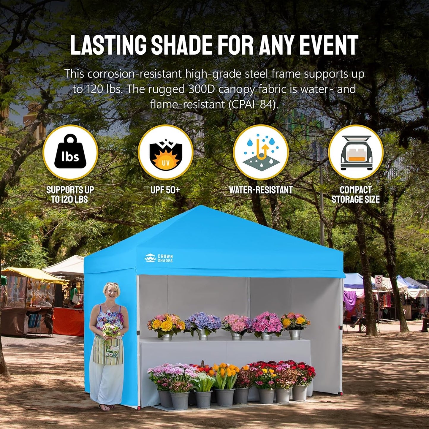 CROWN SHADES 10X10 Comercial Instant Canopy Pop Up Tent with Center Lock (10x10 with 4 Sidewalls, Sky Blue)