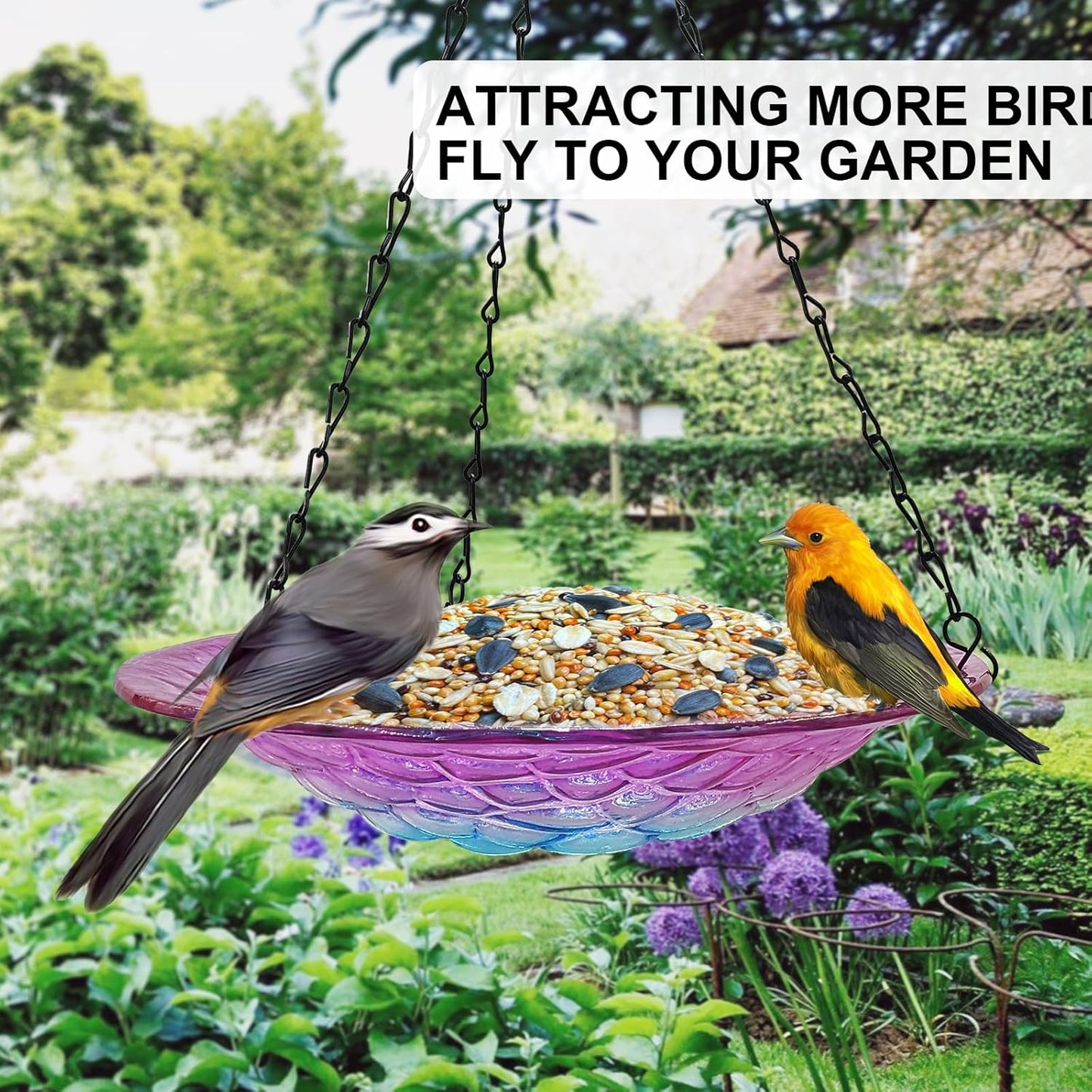 Hanging Birdbath, Outdoor Glass Birdbath, Purple and Blue Texture Pattern Bird Feeder for Garden Patio Decoration