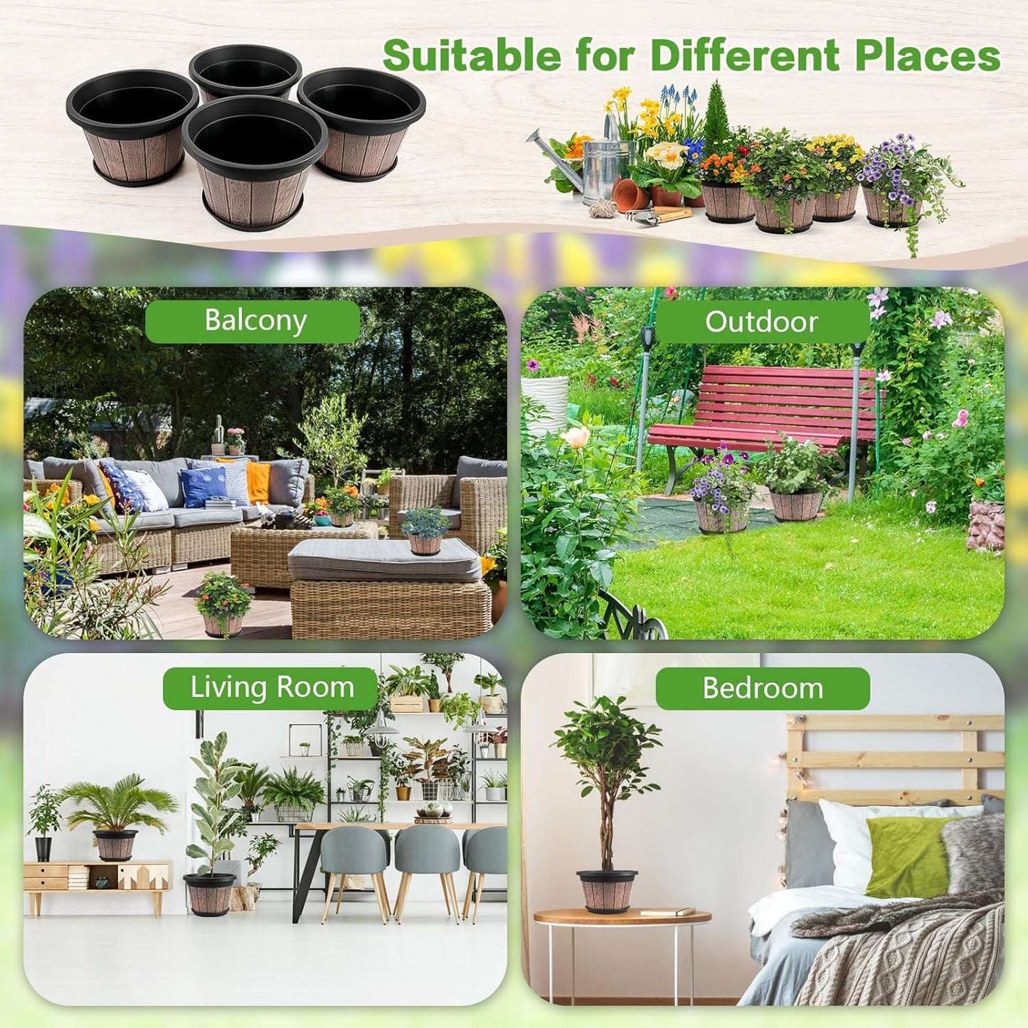 Quarut 4 Pack 8 inch Plant Pot,Upgrade Whiskey Barrel Planters with Drainage Holes & Saucer,Plastic Decoration Flower Pots Retro Design,Planters for Outdoor Indoor Garden Home Plants (Brown)