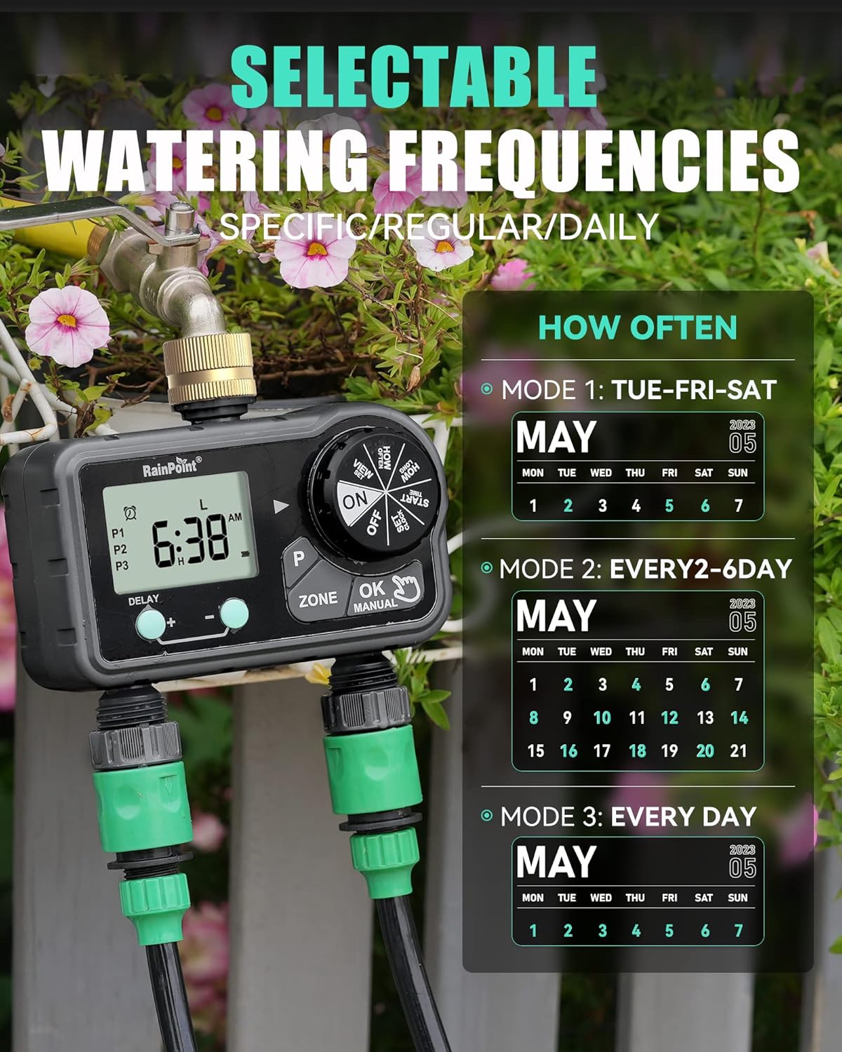 RAINPOINT Brass Sprinkler Timer 2 Stations, Large Digital Water Timer for Garden Hose with 6 Programmable Procedure, with Delay/Manual/Auto Irrigation Mode for Week/Specific/Daily Watering