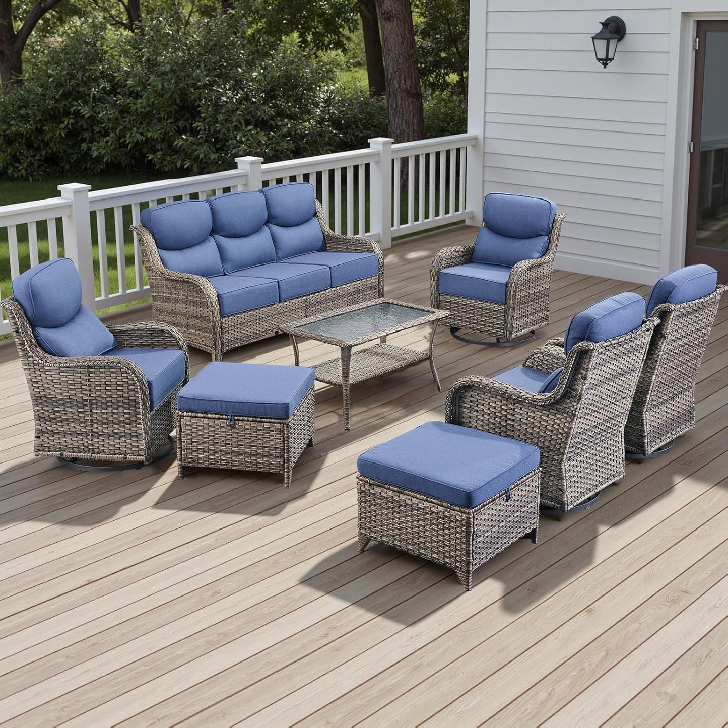 Wicker Outdoor Patio Furniture Set - 8 Piece Patio Conversation Sets with Swivel Rocker Chairs, Ottomans, Sofa and Table, 6 inch Cushions, Deep Seating, for Porch Deck Mixed Grey/Blue