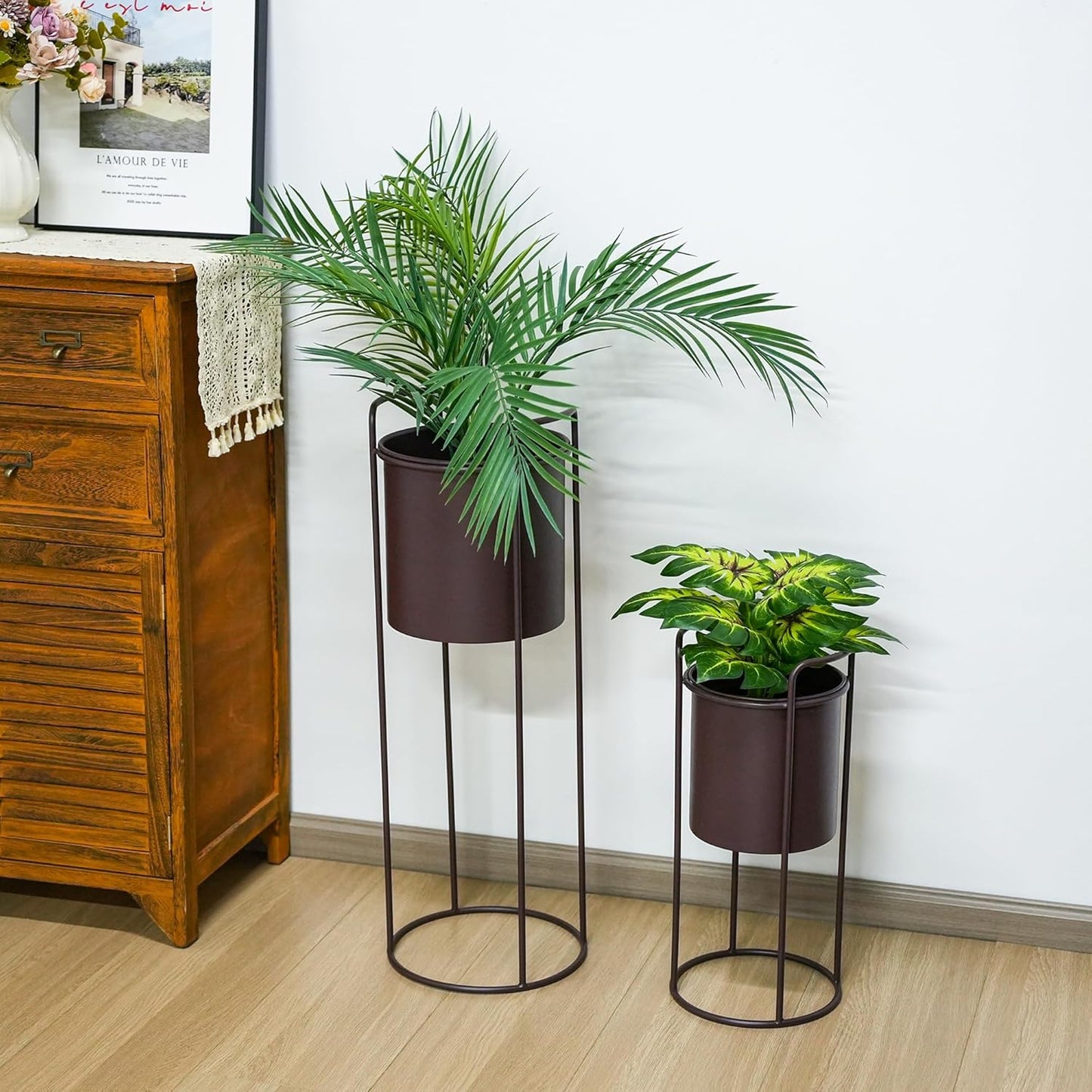 TRIROCKS Set of 2 Planters with Stand Large Metal Planter for Indoor Plants 28 &18" H Plant Pots for Living Room Corner Kitchen Office Garden Balcony Patio Decor(Brown)