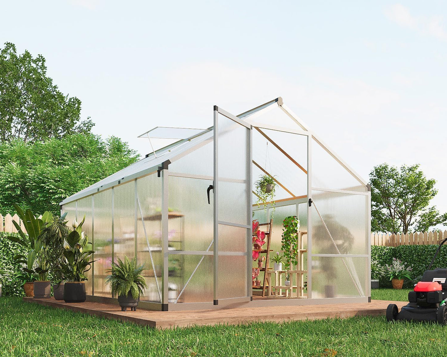 8x10 FT Greenhouse for Outdoors, Polycarbonate Flower Greenhouse with Roof Vent, Push-Pull Lockable Door, Aluminum Walk-in Greenhouses for Outside Garden Backyard, Patio, Lawn, Silver