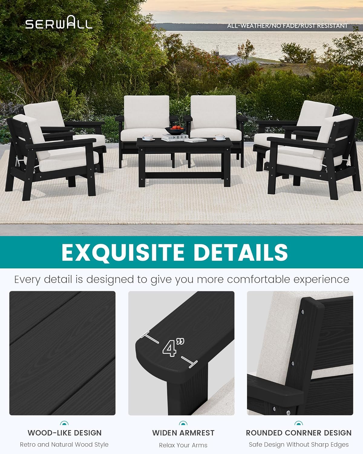 SERWALL Patio Conversation Sets, 7 Piece, Black Frame with Khaki Cushions