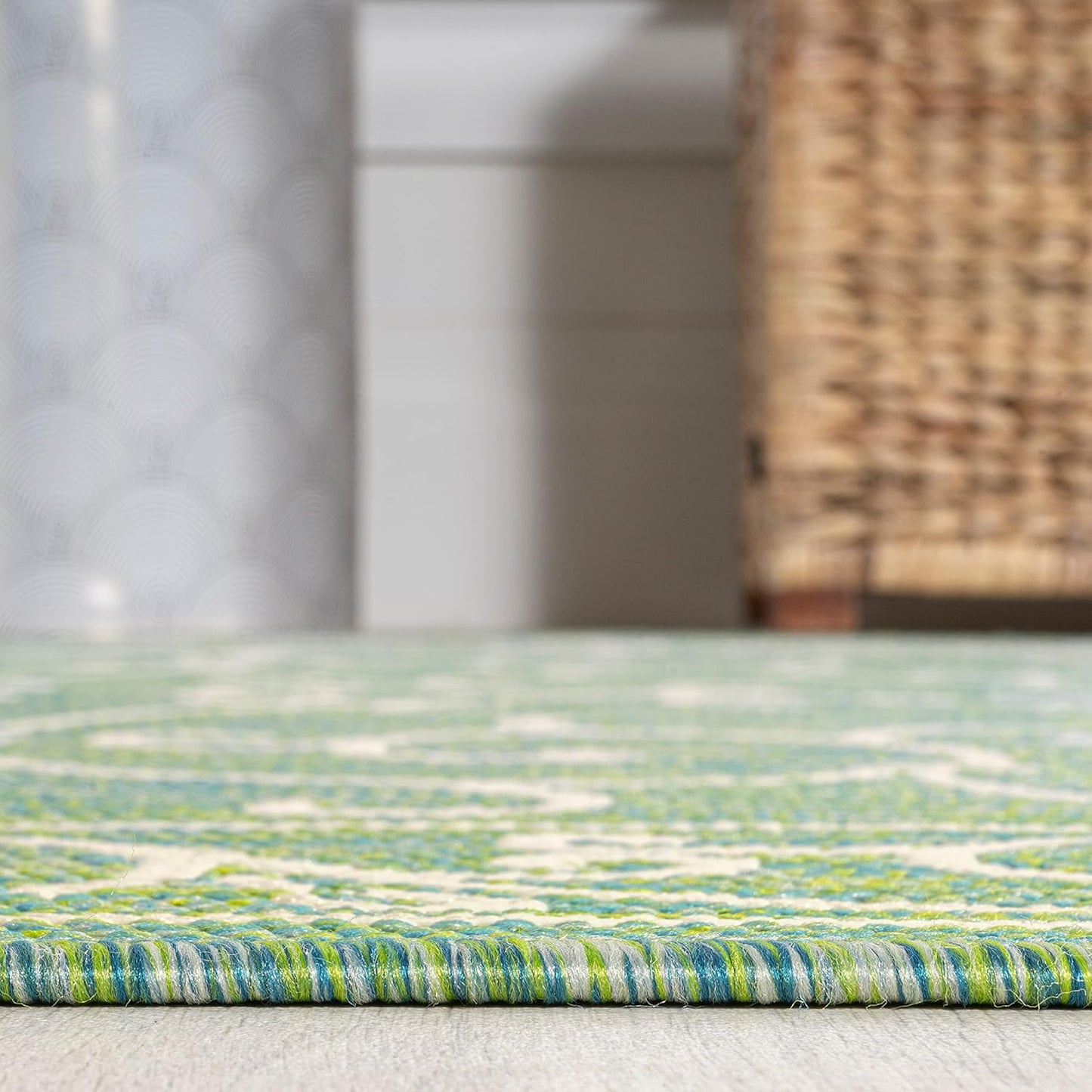 JONATHAN Y SMB106K-210 Charleston Vintage Filigree Textured Weave Indoor Outdoor Runner Rug, Classic, Traditional, Transitional Easy Clean,Bedroom,Kitchen,Backyard,Patio, Non-Shed, Green/Ivory, 2 X 10