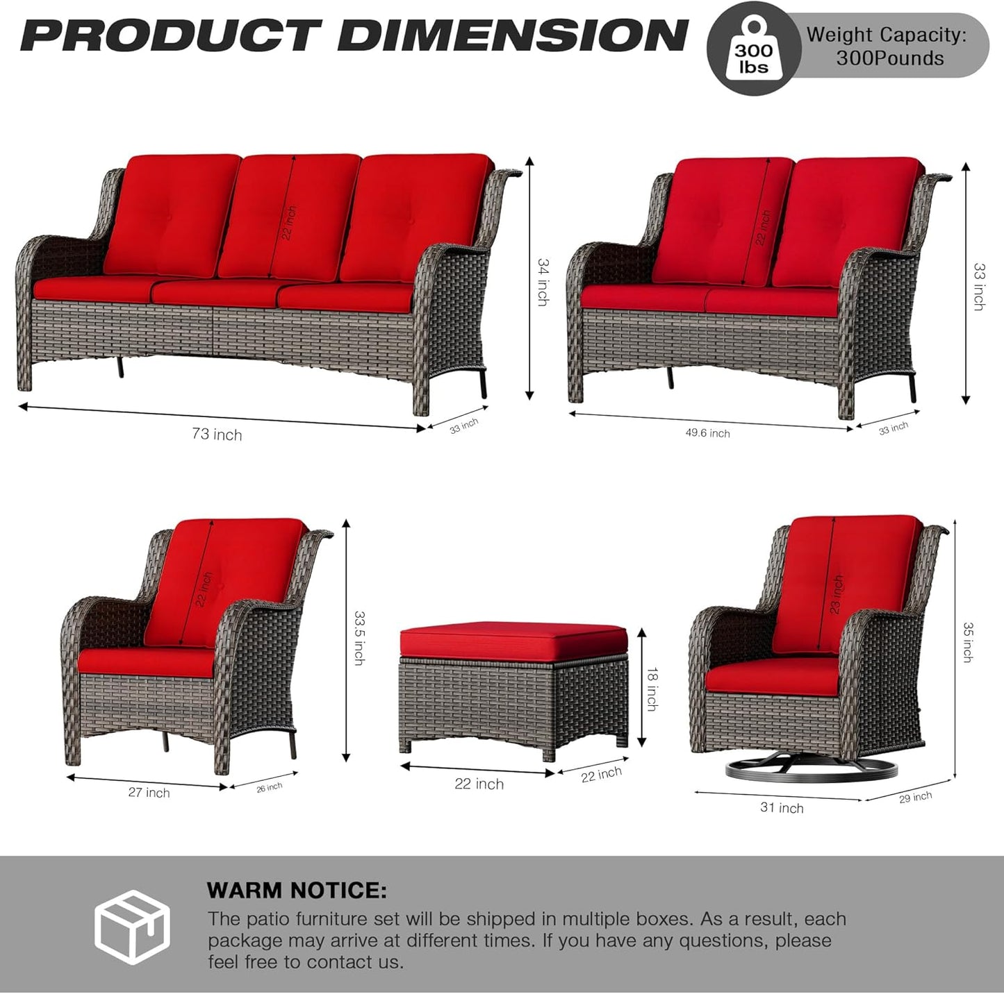 Joyside Patio Furniture Set 6 Pieces - Outdoor Rattan Furniture Set with 2 Armchairs, 2 Couch and 2 Ottomans, Olefin Cushions Included(Mixed Grey/Red)