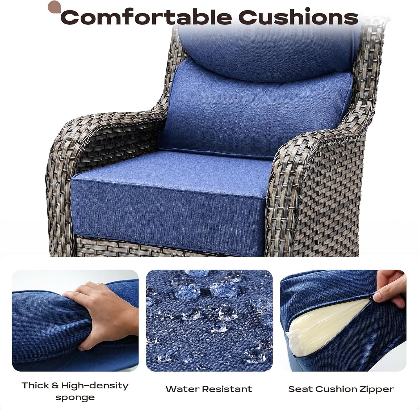 Wicker Outdoor Patio Furniture Sets - 6 Piece Patio Conversation Set with Swivel Rocker Chairs, Ottomans, Sofa and Side Table, 6 inch Cushions, Waterproof Wicker, for Porch Deck Mixed Grey/Blue