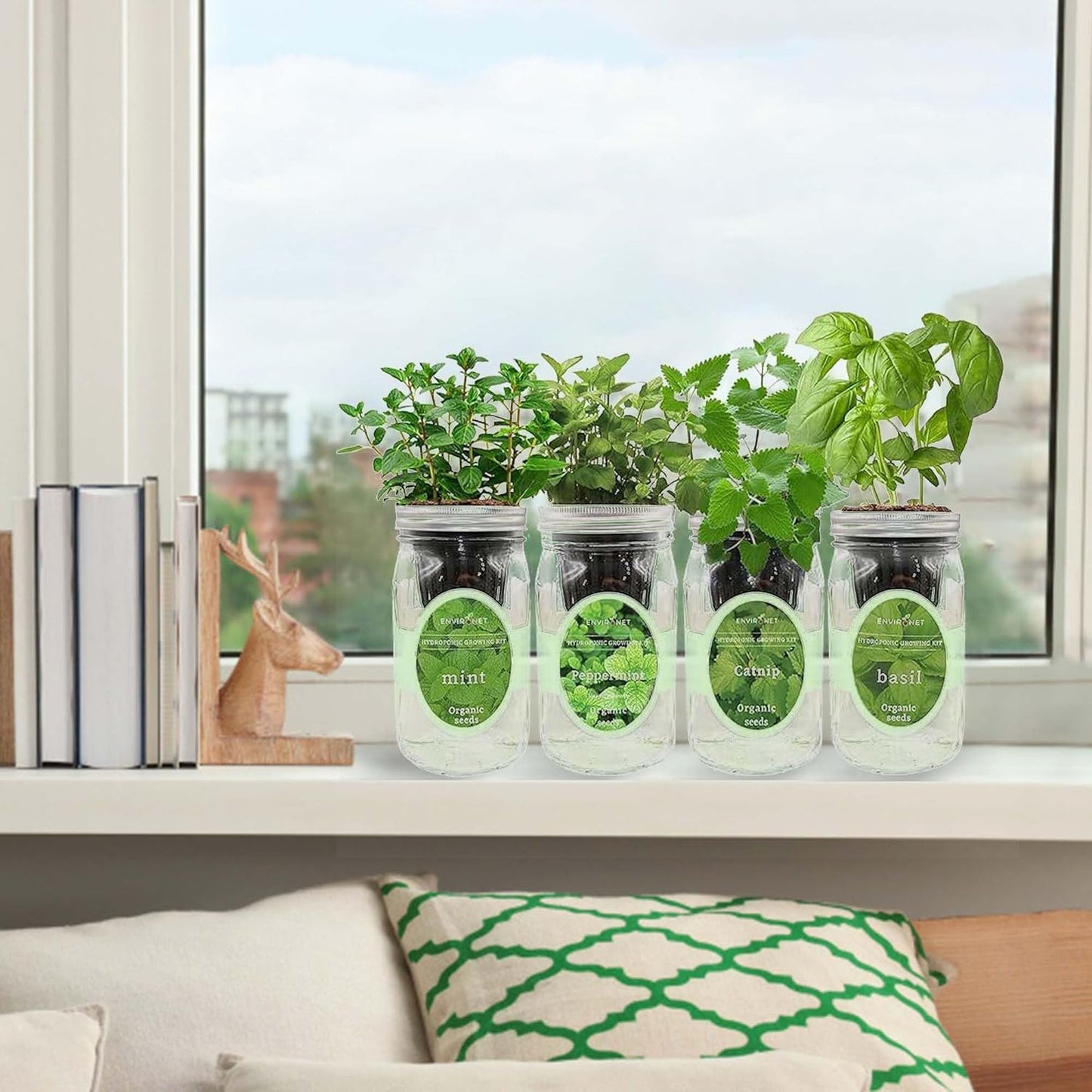 Hydroponic Herb Growing Kit Set, Self-Watering Mason Jar Herb Garden Starter Kit Indoor, Grow 4 Kinds of Herbs from Seeds (Catnip,Peppermint,Mint&Basil)