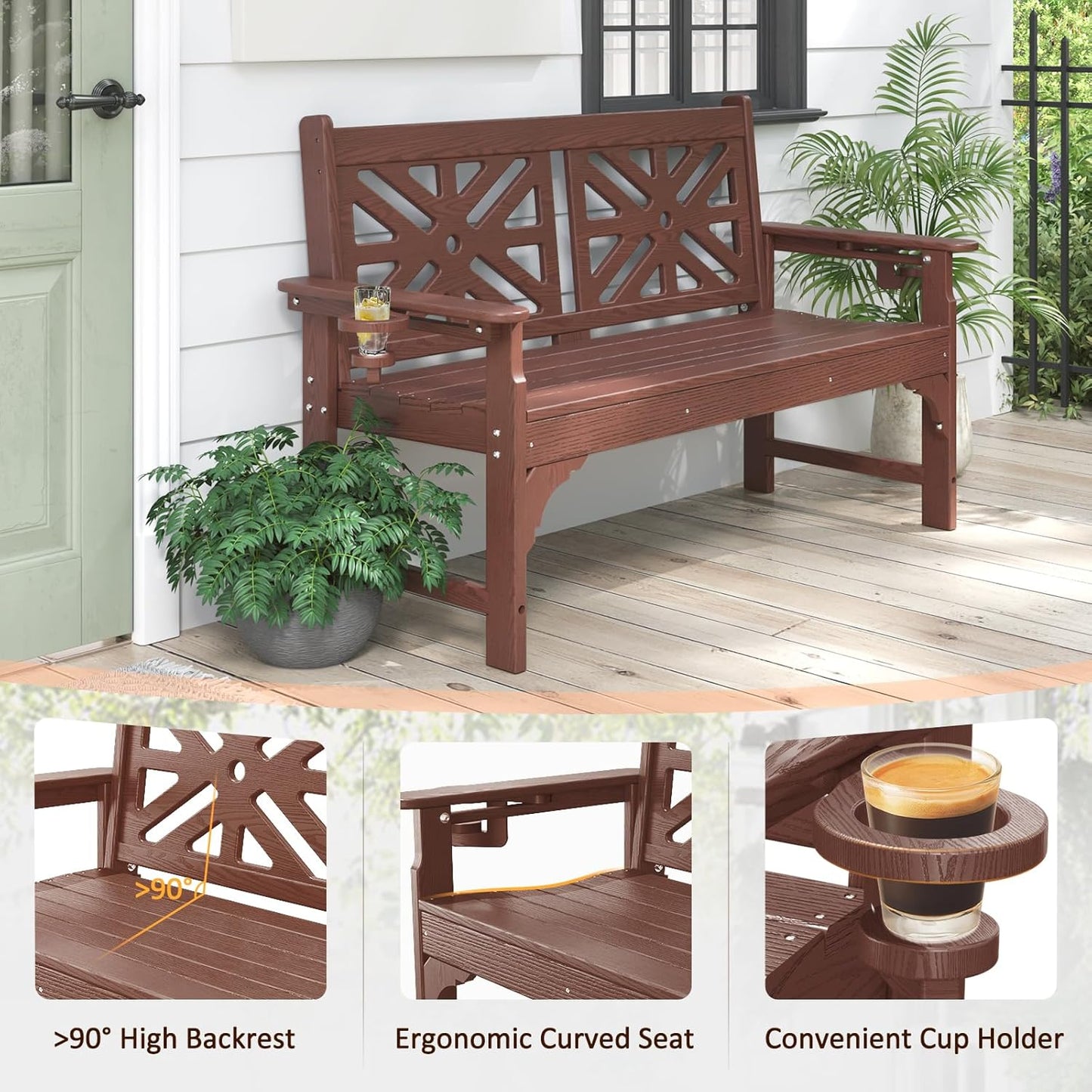 nalone Outdoor Bench with Cup Holders, HDPE All Weather Porch Bench Load up to 800 Lbs, 2-Person Garden Benches Rot-Proof Fade Proof for Patio, Porch, and Park (Brown)