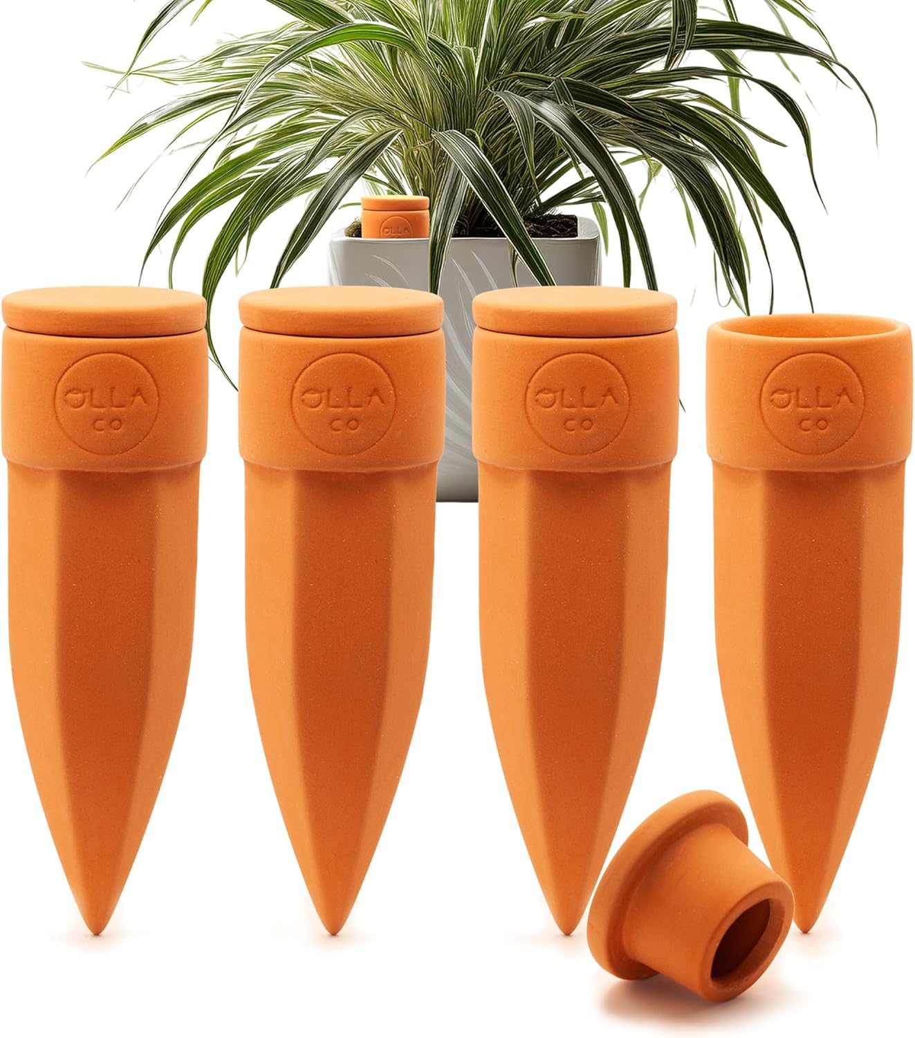 Plant Watering Spikes with Lids - Ideal for 5”-9” Pots - Vacation Friendly - Terracotta - Medium - Set of 4