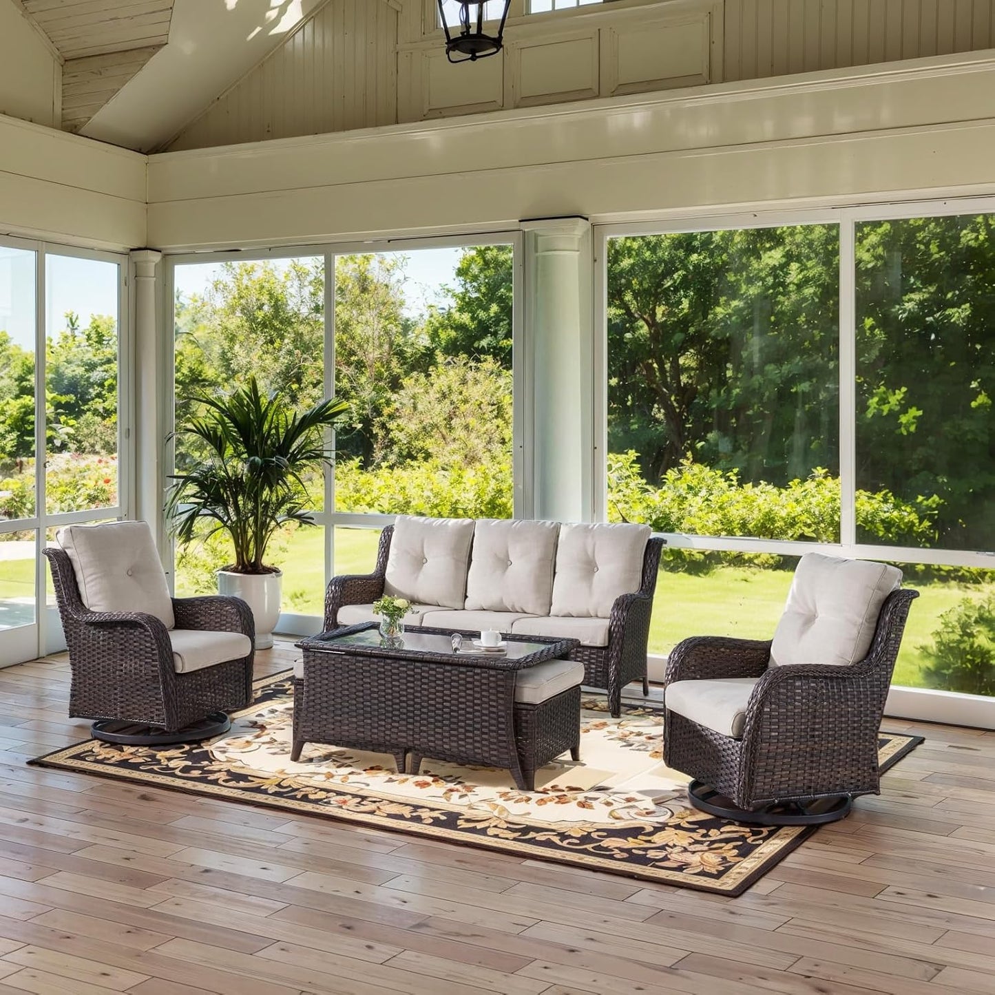 Wicker Outdoor Furniture Patio Furniture Set - 6 Piece Patio Conversation Set with Swivel Rocker Chairs, Rattan Sofa, Ottomans and Coffee Table, Beige Cushion