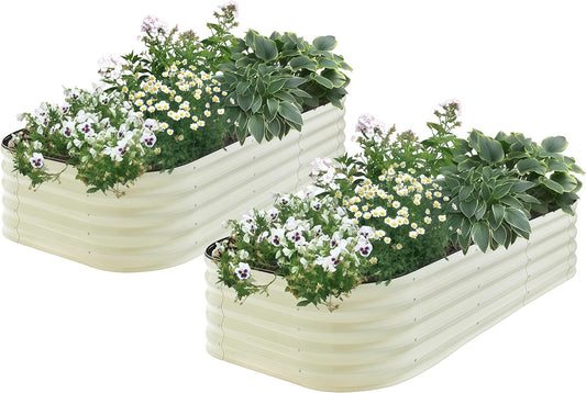 2Pcs 17" Tall Raised Galvanized Steel Garden Bed 8×2 ft Modular Planter for Gardening, Vegetables, Flowers Tall Oval Galvanized Metal 9-in-1 Raised Garden Beds Outdoor (Ivory White)