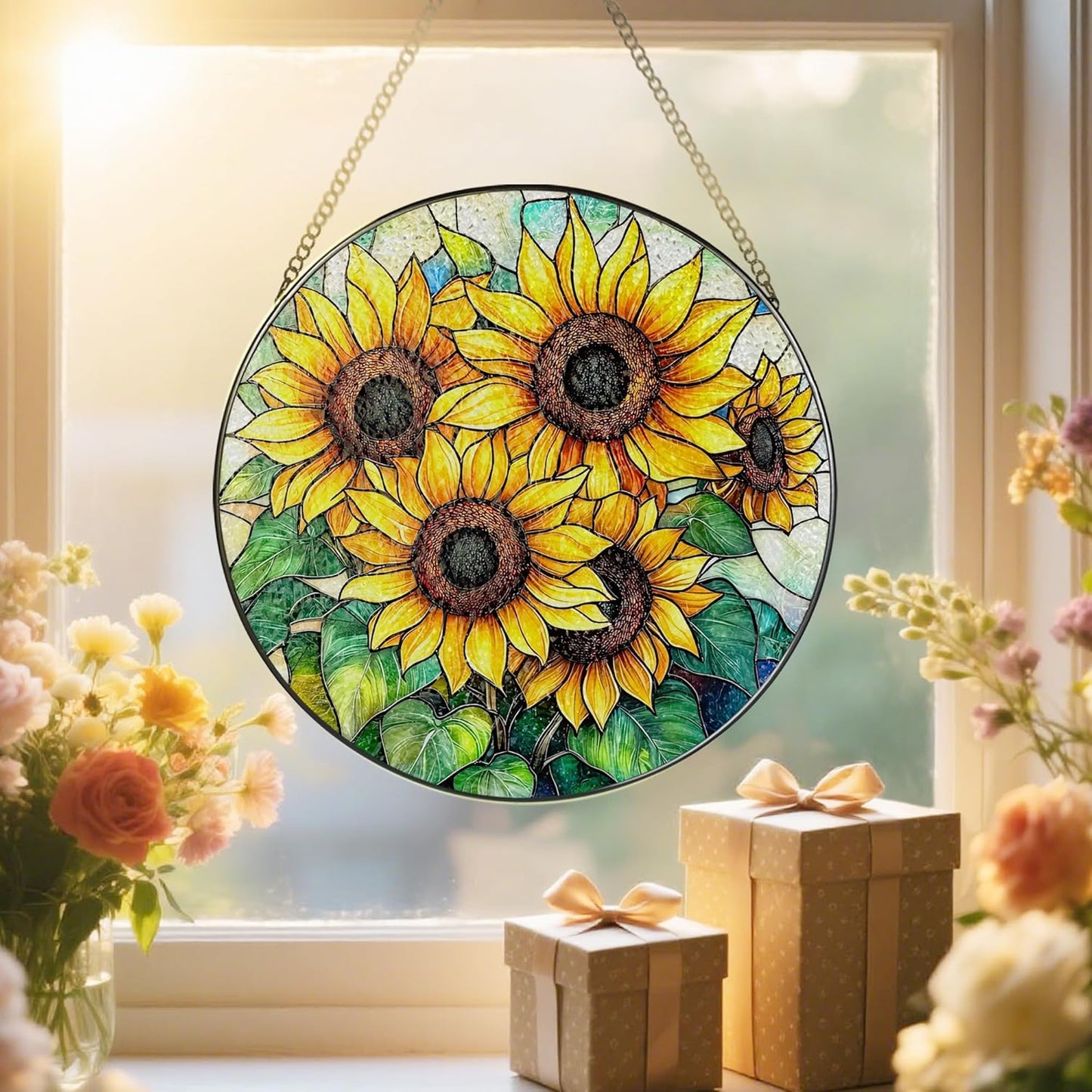 Stained Glass Window Hanging, 8 Inch Sunflower Stained Glass Suncatcher, Suncatchers for Windows Hanging, Home Decor for Window, Teacher Gift, Birthday Gift, Sunflower Gifts for Women, Friend