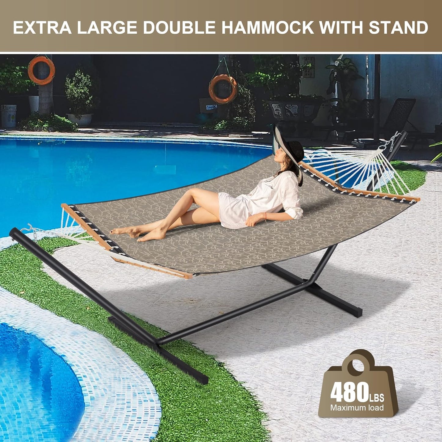 Two Person Hammock with Stand Heavy Duty, Outdoor Patio Hammock with Portable Steel Stand, Large Double Hammocks with Quick Dry Textilene Fabric,480lbs Capacity.(Mocha)