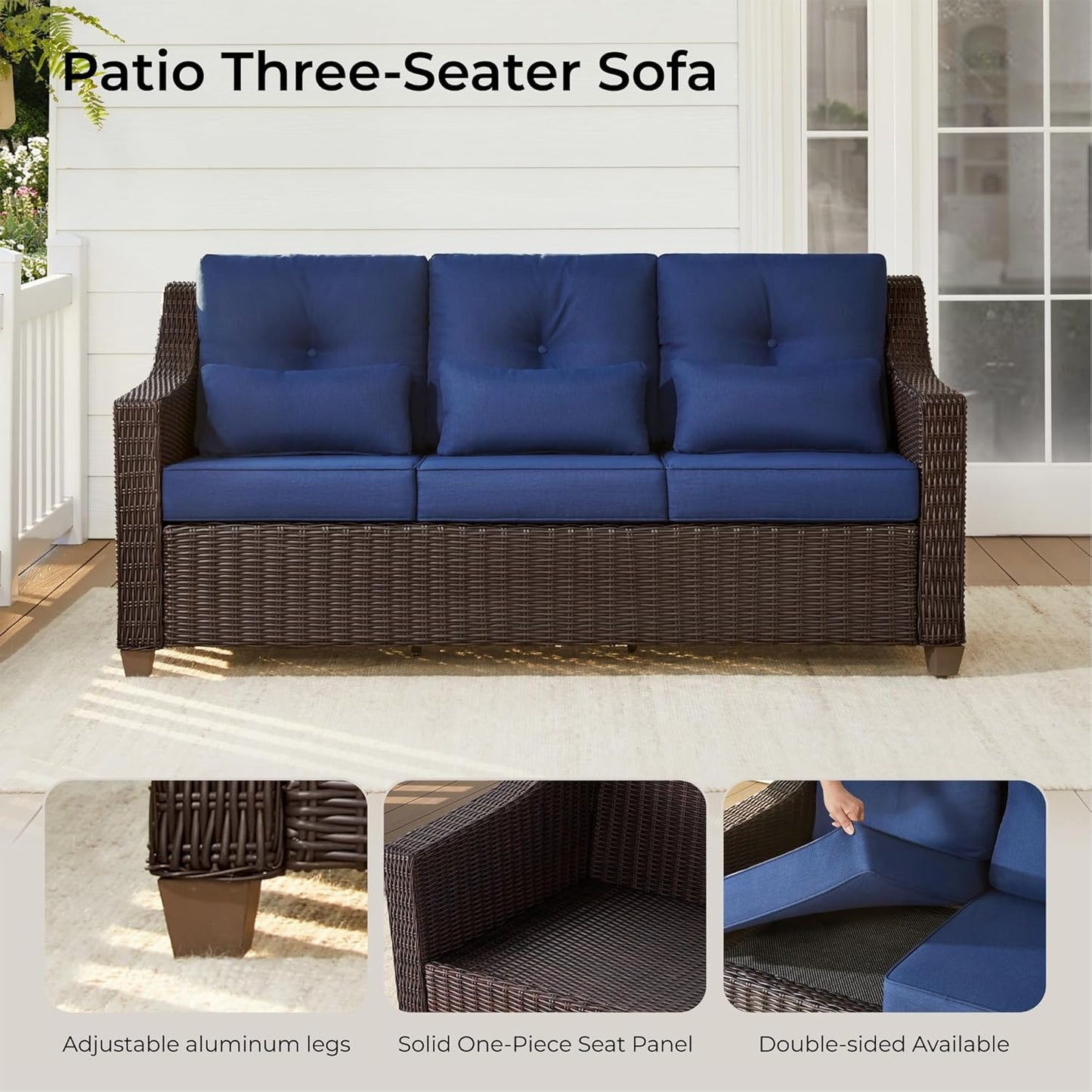 CHITA Wicker Outdoor Furniture Patio Sofa, Oversized 3-Seater Rattan Couch with 5.1'' Thick Cushions and Rust-Resistant Aluminum Legs
