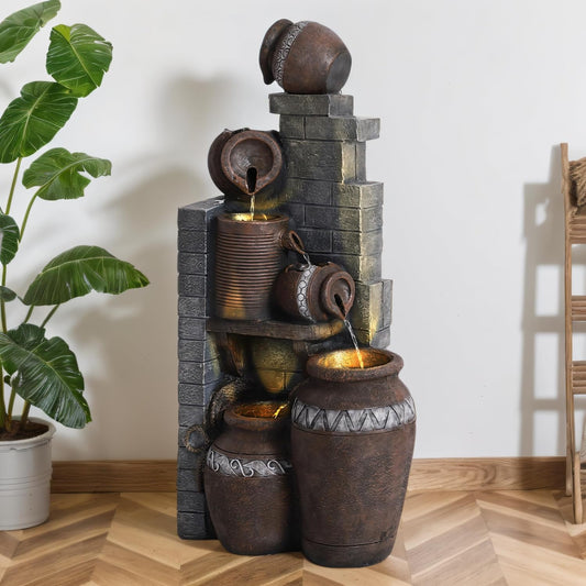 6-Tiers Garden Waterfall Fountain Outdoor - 40''H Water Fountains and Waterfalls, Large Outdoor/Indoor Floor Standing Resin Water Fountain with LED Light for Patio, Garden and Home (Grey)