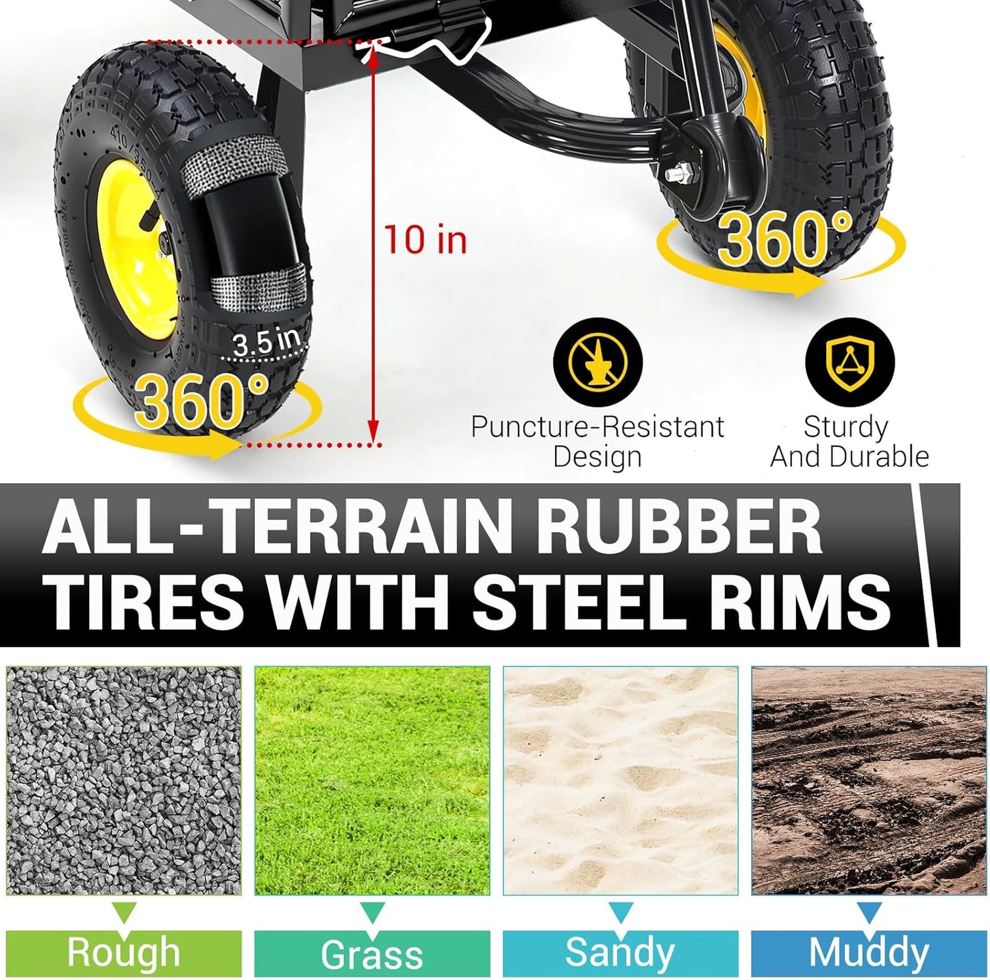 Heavy Duty Steel Garden Cart, 880LBS Pullable Metal Garden Wagon with 10" Wheels, 180° Rotating Handle and Removable Sides for Outdoor, Farm, Yard, Beach ﻿