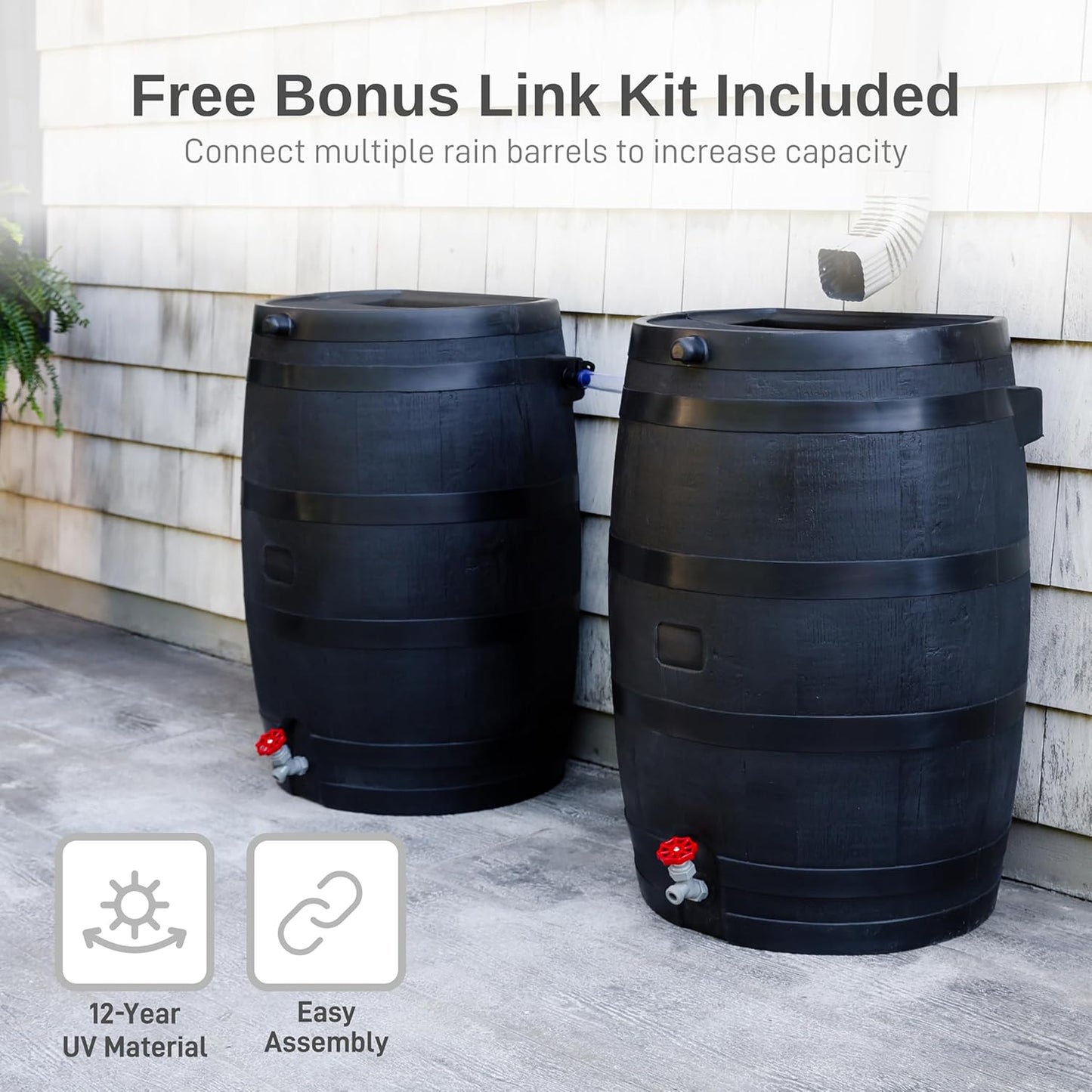 50-Gallon ECO Rain Barrel Made with 100% Recycled Plastic, Flat Back Rain Water Collection Barrel, Link Kit Included, Black (2 Pack)