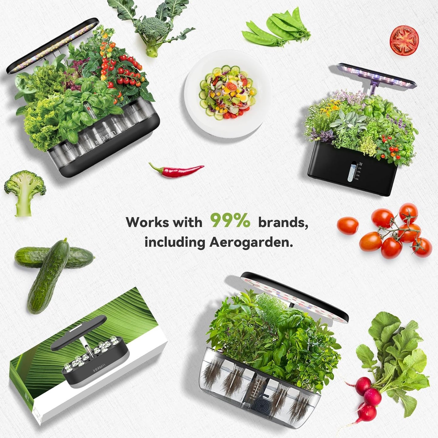 inbloom 18-Pod Salsa Seed Pod Kit for AeroGarden, Ahopegarden, Gardencube Hydroponic Garden with Cucumber, Red Chili Pepper, Green&Yellow Bell Pepper, Purple Pepper, Cherry Tomato – Mothers Day Gift