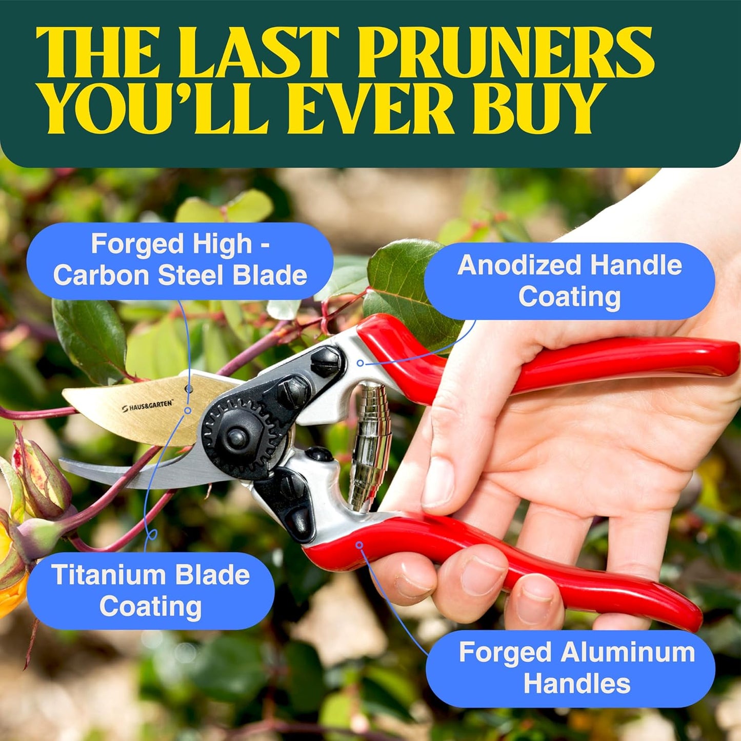 Haus & Garten PrecisionPRO 8" Titanium Pruning Shears - Heavy Duty Professional Bypass Pruner - Use As Rose Clippers, Premium Gardening Secateurs, Garden Scissors, Handheld Yard, Tree, & Plant Tool