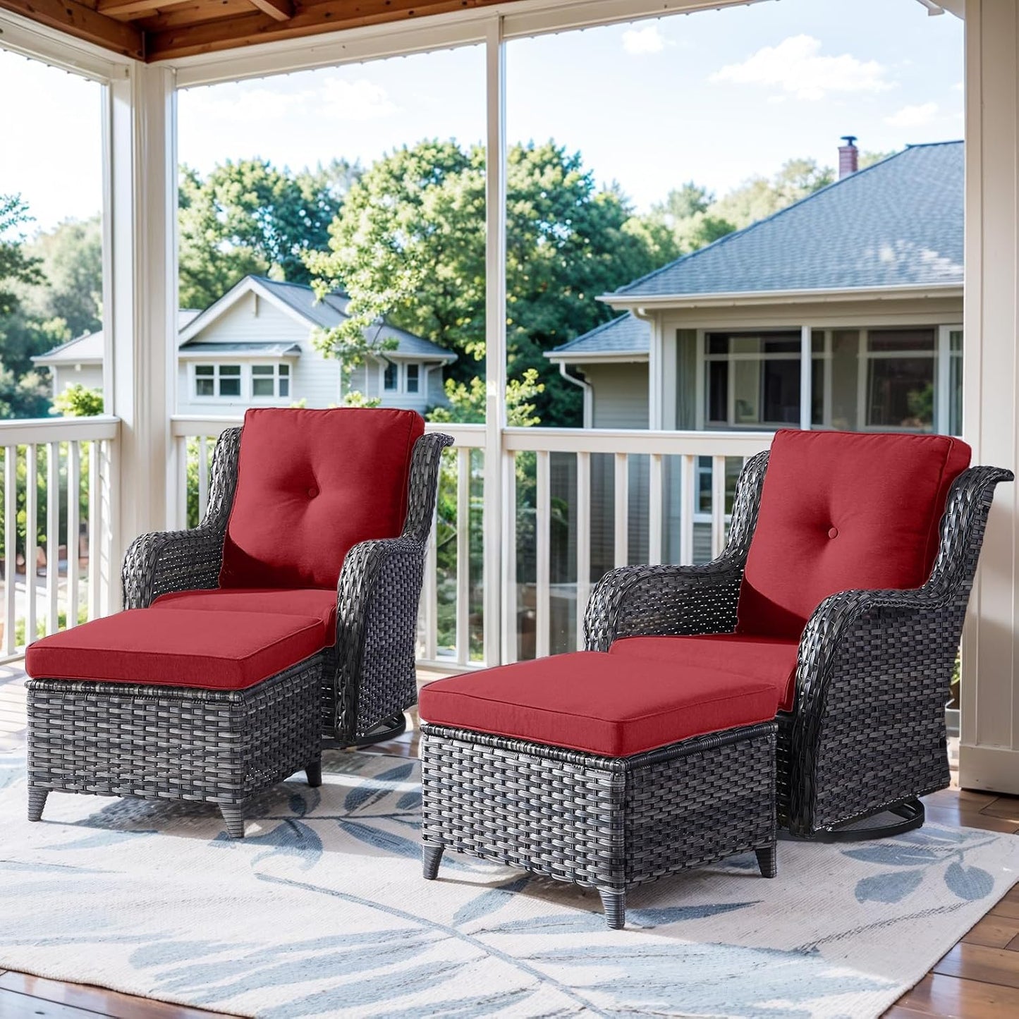 4 Pieces Patio Furniture Sets, Wicker Patio Swivel Glider Chair with Ottomans, Outdoor Furniture Set for Outside Porch, Deck, Balcony, Garden
