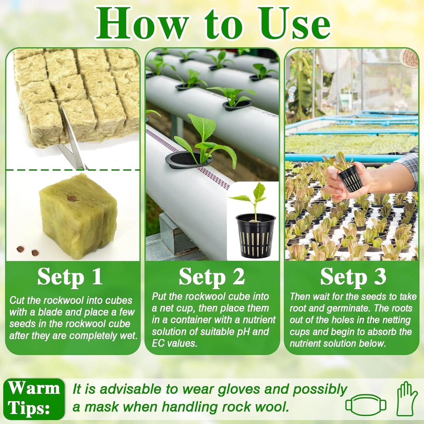 Halatool 72PCS 1.2 Inch Rockwool Cubes with 56PCS 2 Inch Net Cups for Hydroponics Great Kratky Hydroponics Kit for Soilless Cultivation Cloning Plants Growing Seeds