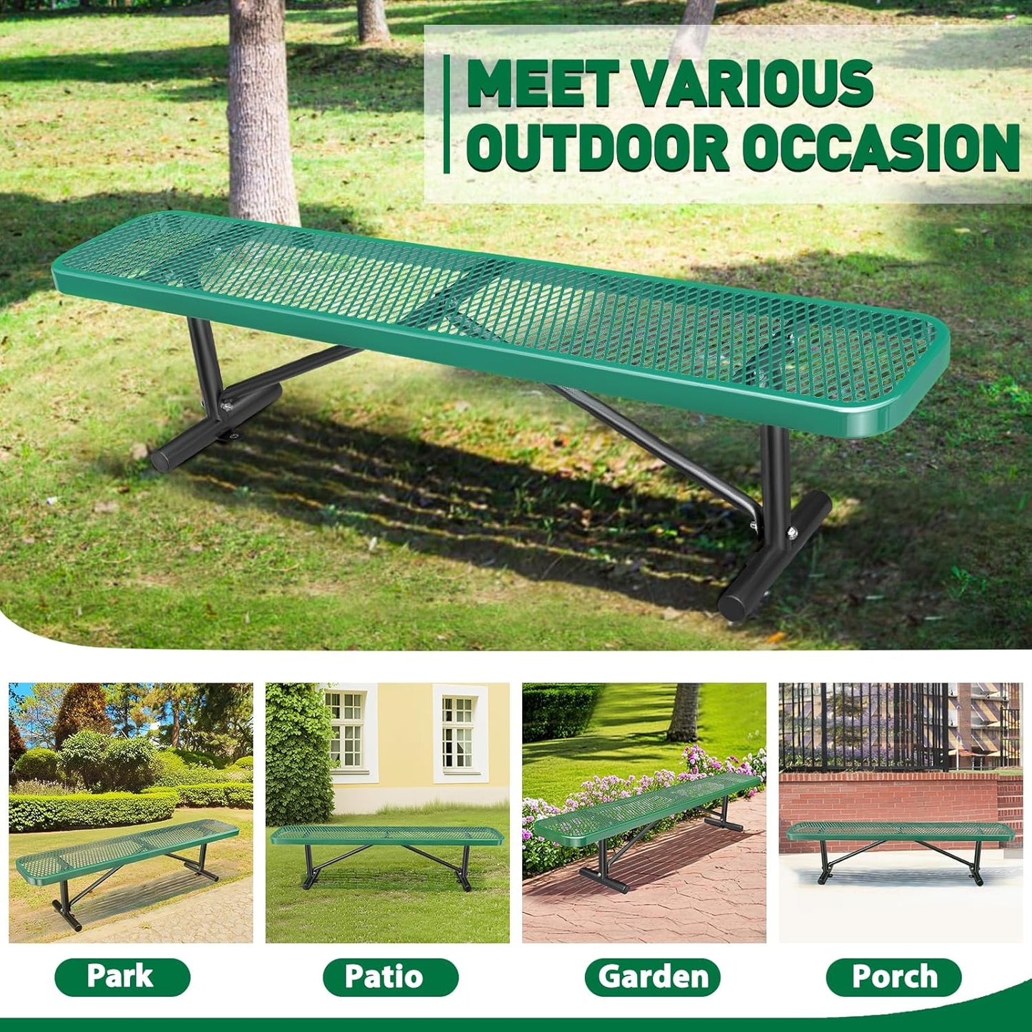 Heavy-Duty Park Bench or Table for Outside - Black Coated Outdoor Furniture Steel Bench, Commercial-Grade Outdoor Benches Weatherproof for Park, Patio, Porch (Green, 6FT (Without Backrest))