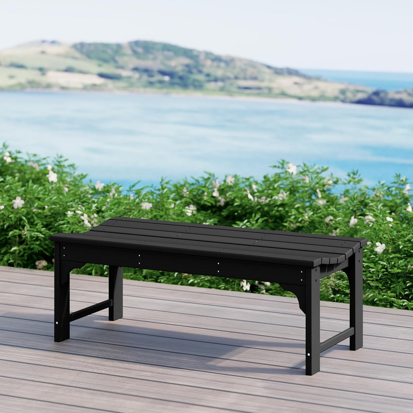 WestinTrends Malibu Outdoor Bench, All Weather Resistant Poly Lumber Backless Patio Garden Bench, Adirondack Curved Bench Seat for Comfort, Black