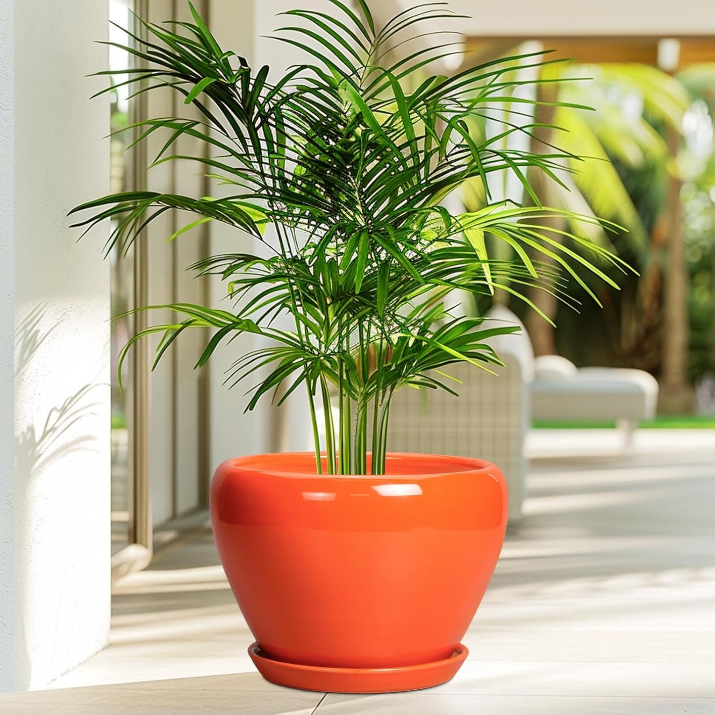 Ceramic Pot for Plants - 10 Inch Plant Pot with Drainage Hole and Saucer, Modern Round Glaze Planter for Indoor Outdoor Plants, Plant Lover Gifts, Home Garden Office Decor, Orange