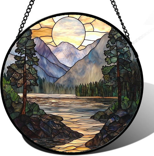 Stained Glass Window Hanging, Sunset Mountains Lake Tree Sun Catcher for Window Home Decor Landscape Suncatcher Mother's Day Birthday Gifts for Women Men Mom and Nana 15 in