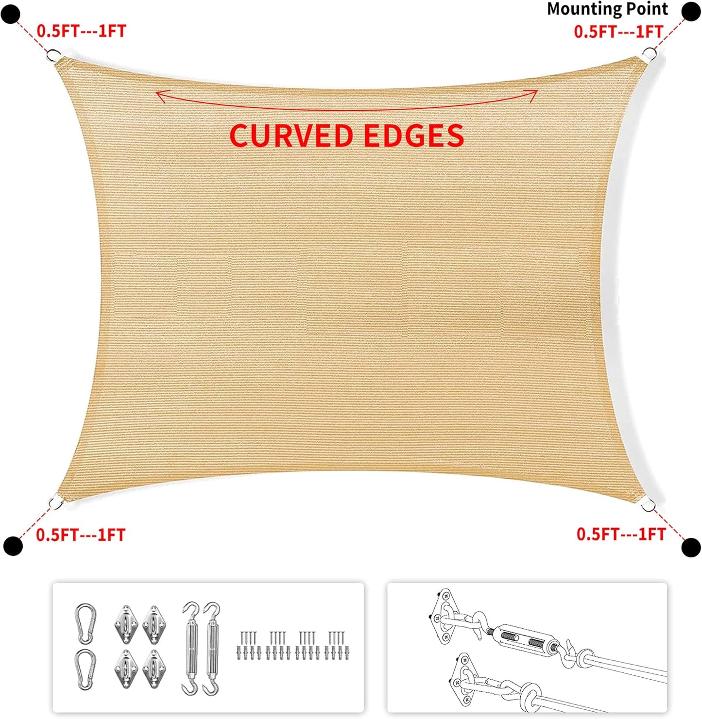 6' x 11' Beige Rectangle Sun Shade Sail SSP1212 Canopy Durable Fabric UV Block Awning,We Make Custom Orders