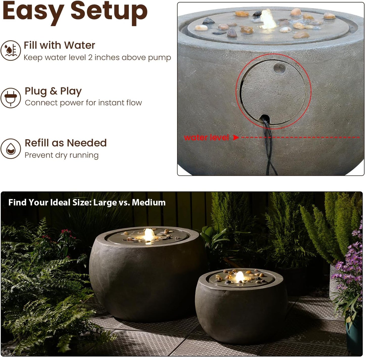 Garden Water Fountain Outdoor Bubbler Water Feature Indoor with Lights & Pump and Pebbles Waterfall Fountains Concrete Effect for Patio Deck Yard Home Decor Gray, 18 "L x 18" W x 11.5" H