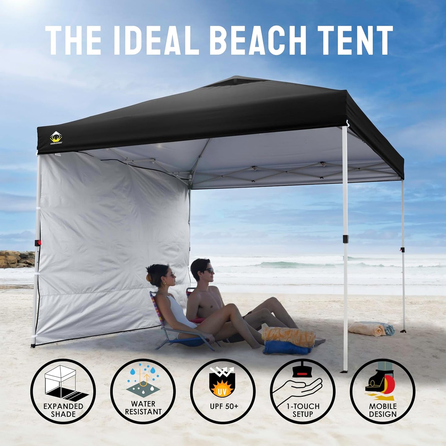 CROWN SHADES 10x10 Pop Up Canopy with 1 Side Wall - Beach Tent with One Push Setup - Outdoor Sun Shade for Events, Parties, Camping - Gazebo with STO-N-Go Cover Bag (Black)