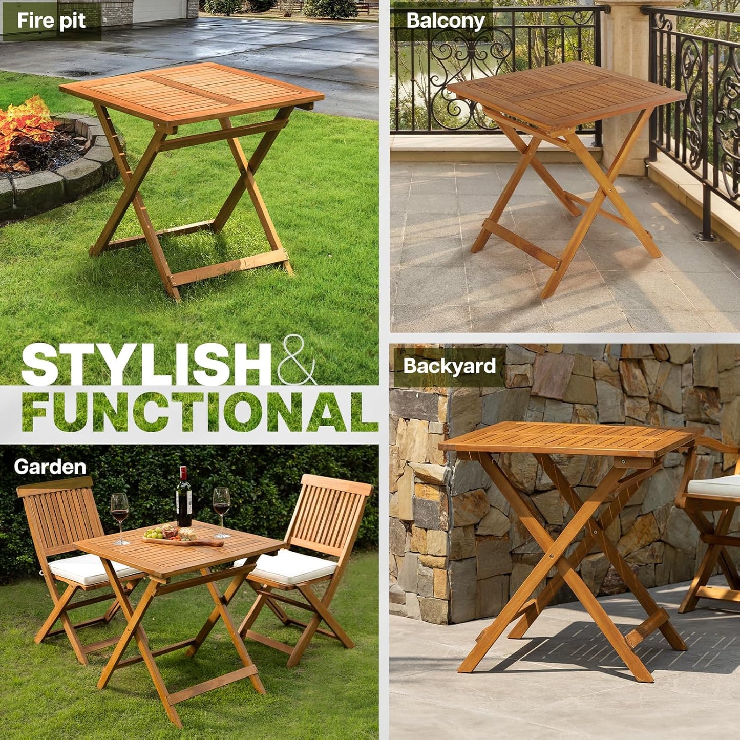 IDZO Legolas FSC Acacia Wooden Folding Table, Heavy Duty 270lbs Capacity, Elegant & Rustic Design for Garden, Backyard, Porch, Patio, Easy Assembly