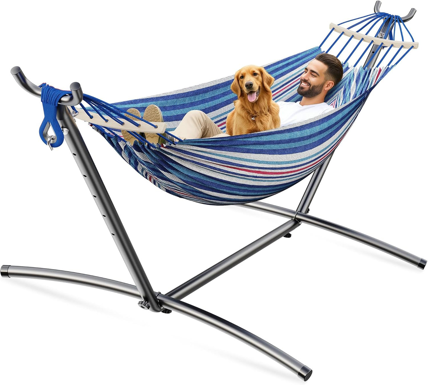 Double Hammock, Heavy Duty Portable, 500 lb Weight Capacity, Perfect for Both Indoors and Outdoors, 2 Person Hammock with Carrying Bag, Fine Blue