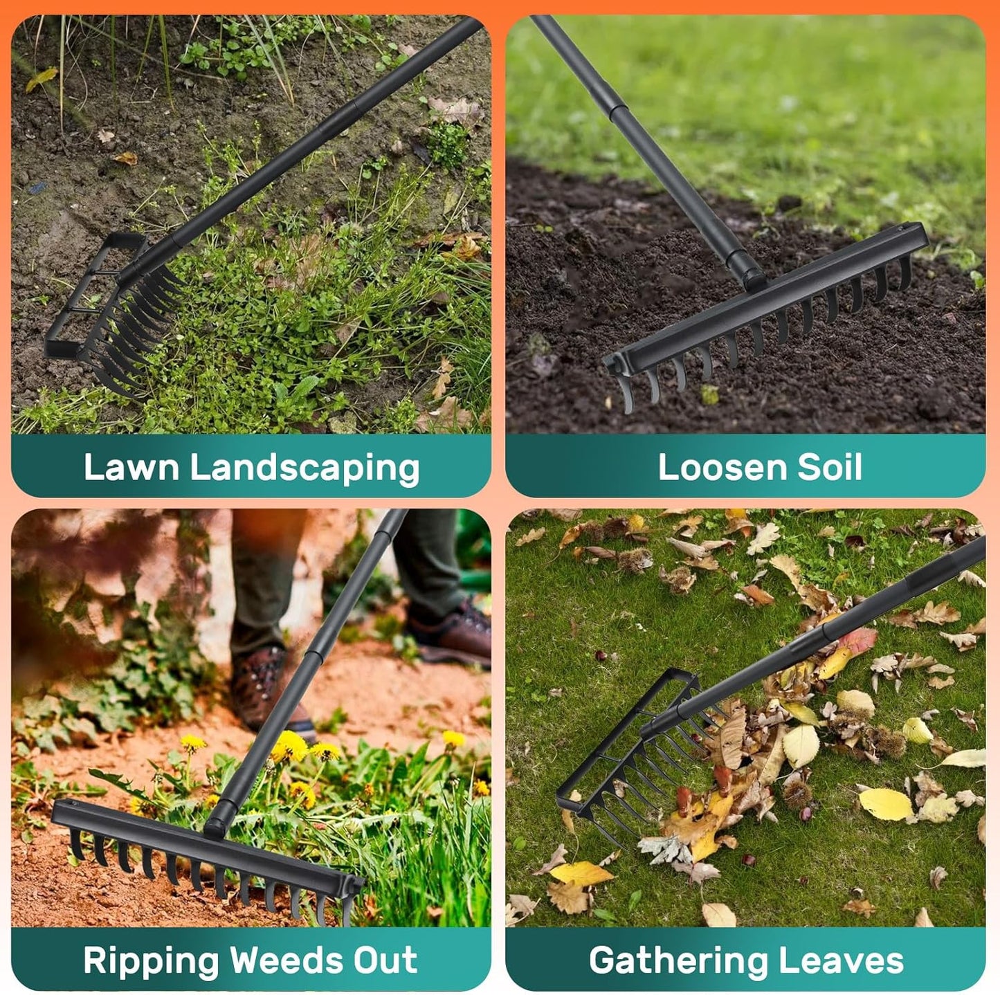 Stirrup Hoe with 76.8" Adjustable Long Handle Hula Hoe Weed Puller Heavy Duty Garden Hoe with 12 Tines Rake 2-in-1 Gardening Tool for Loosening Soil, Gathering Leaves, Weeding