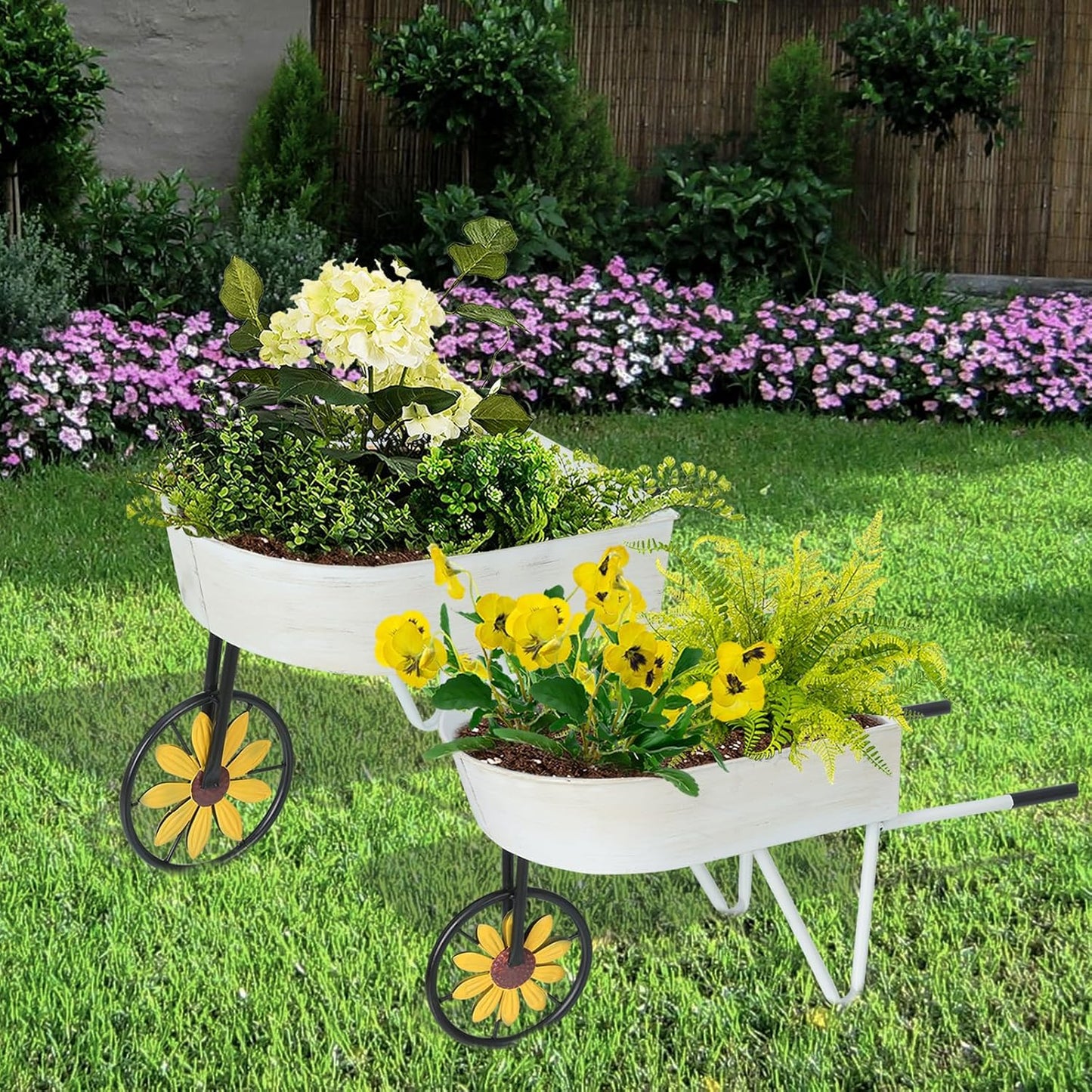 BAYN Metal Wheelbarrow Flower Cart Planter, 2 Packs Plant Stands with Triangular Support Handles Non-Rolling Wheel Vintage Wagon Planter Pots for Home Patio Garden Backyard Rustic Outdoor Decor