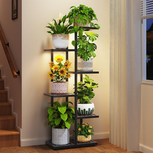 LASZOLA 5 Tier Plant Stand Indoors Outdoors with Light for Large Heavy Duty Planter, Black Metal Tall Flower Holder Rack for Modern House Corner, Vertical Iron Organizer with Multiple Rustic Shelf