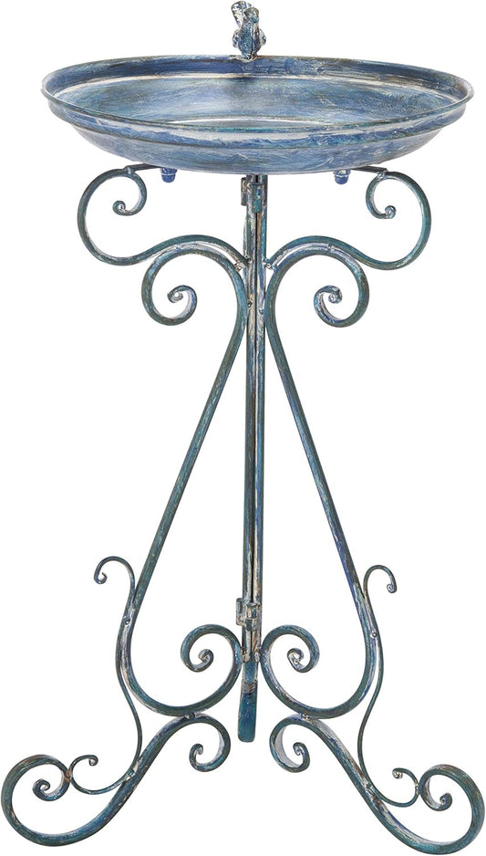 SAFAVIEH Outdoor Collection Ashlan Antique Blue Victorian Scroll Iron Garden Patio Backyard Charming Bird Bath