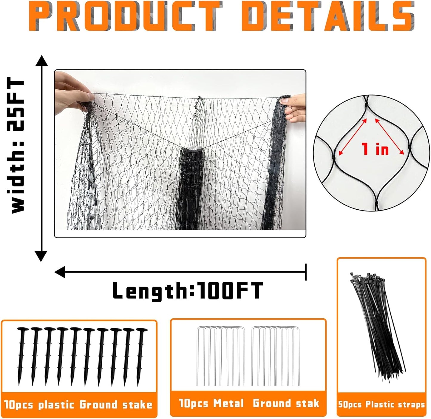 Bird Netting for Garden Heavy Duty Nylon Mesh Garden Netting for Garden Protection Bird Fence Plant Netting Protection Against Birds, Deer, Squirrels and Other Animals (25x100FT)