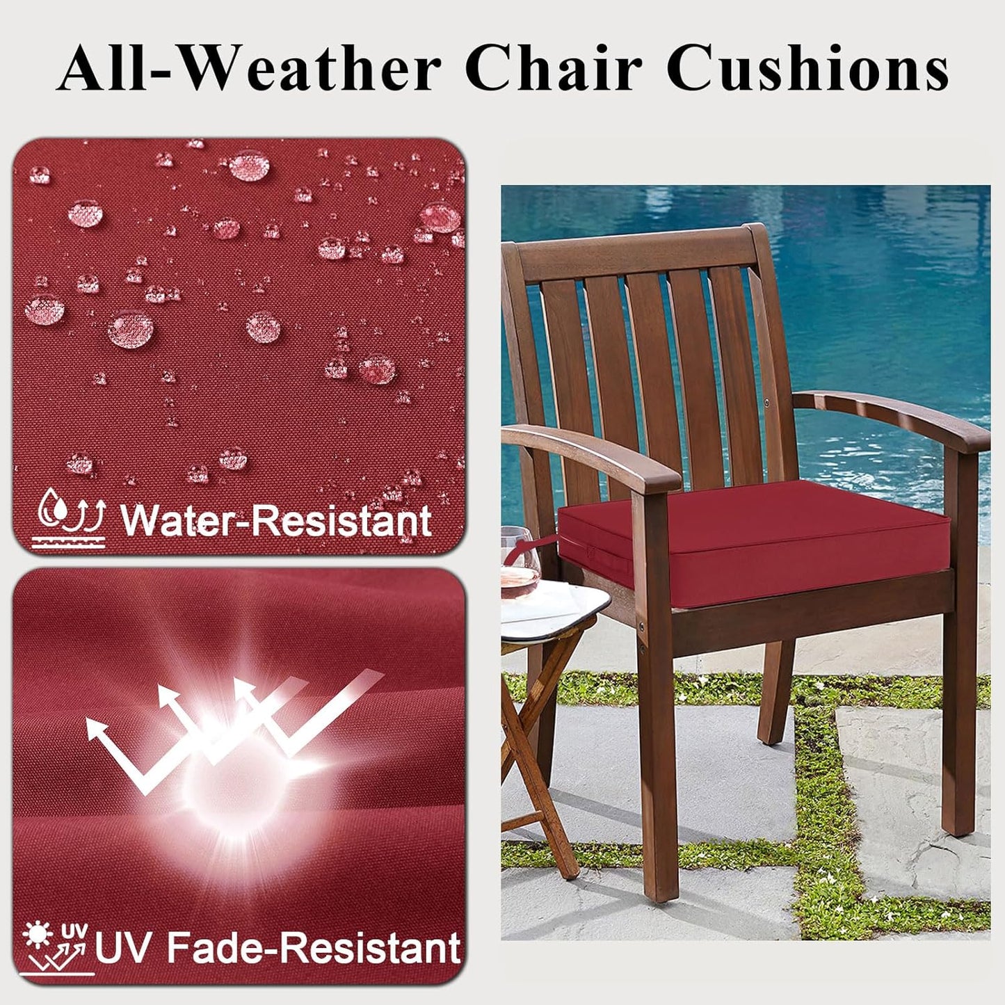 Outdoor Chair Cushions Set of 2 for Patio Furniture 18.5x16x3 Inch Waterproof Patio Chair Cushion 3 Year Color Fastness Rectangle Elastic Foam Garden Couch Pads with Ties and Handle,Red