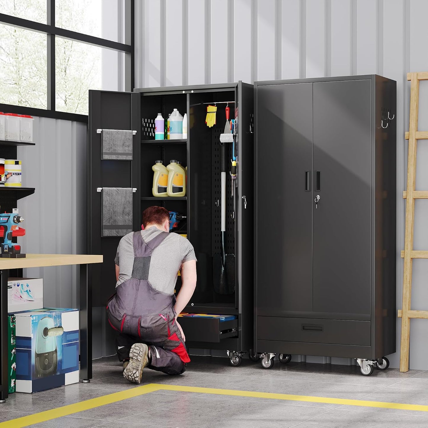 31.5 in Wide Garage Storage Cabinet with Wheels, Metal Storage Cabinet with 1 Drawer and 3 Adjustable Shelves for Home Offices, Gyms and Pantries, Black