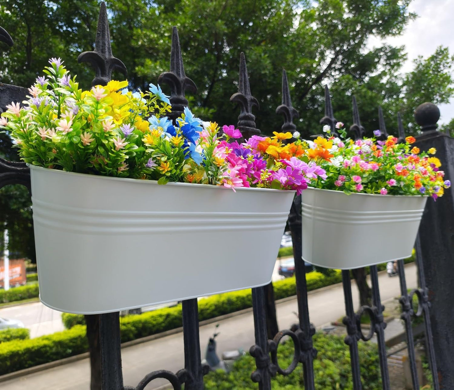 3 Pcs Large Balcony Planters Railing Hanging Flower Pots- 16.2 Inch Metal Railing Planter Box Fence Planters for Outdoor Plants with Detachable Hooks and Drain Holes for Garden Decor (White-16.2inch)