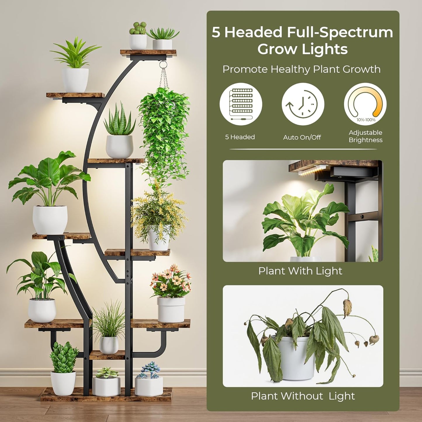 IRONCK Plant Stand Indoor with Grow Lights, 9 Tiered Indoor Plant Shelf, 62" Corner Plant Stands for Indoor Plants, Metal Plant Flower Display Shelves, Moon-Shaped Plant Rack for Home, Patio, Black