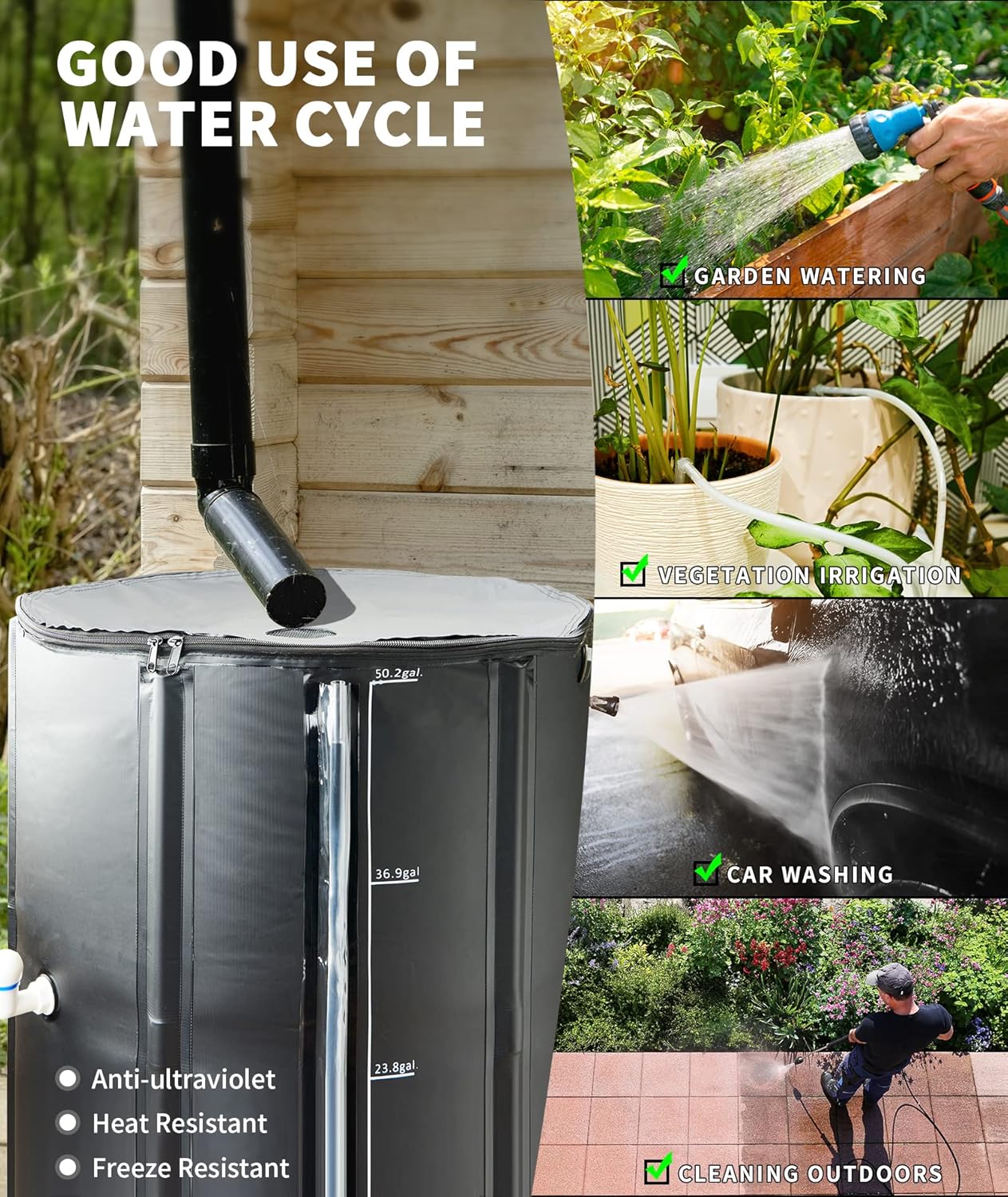 Collapsible Rain Barrel, Portable Water Storage Tank, Rainwater Collection System Downspout with tick Marks Portable Water Storage Tank (Black, 100 gal)