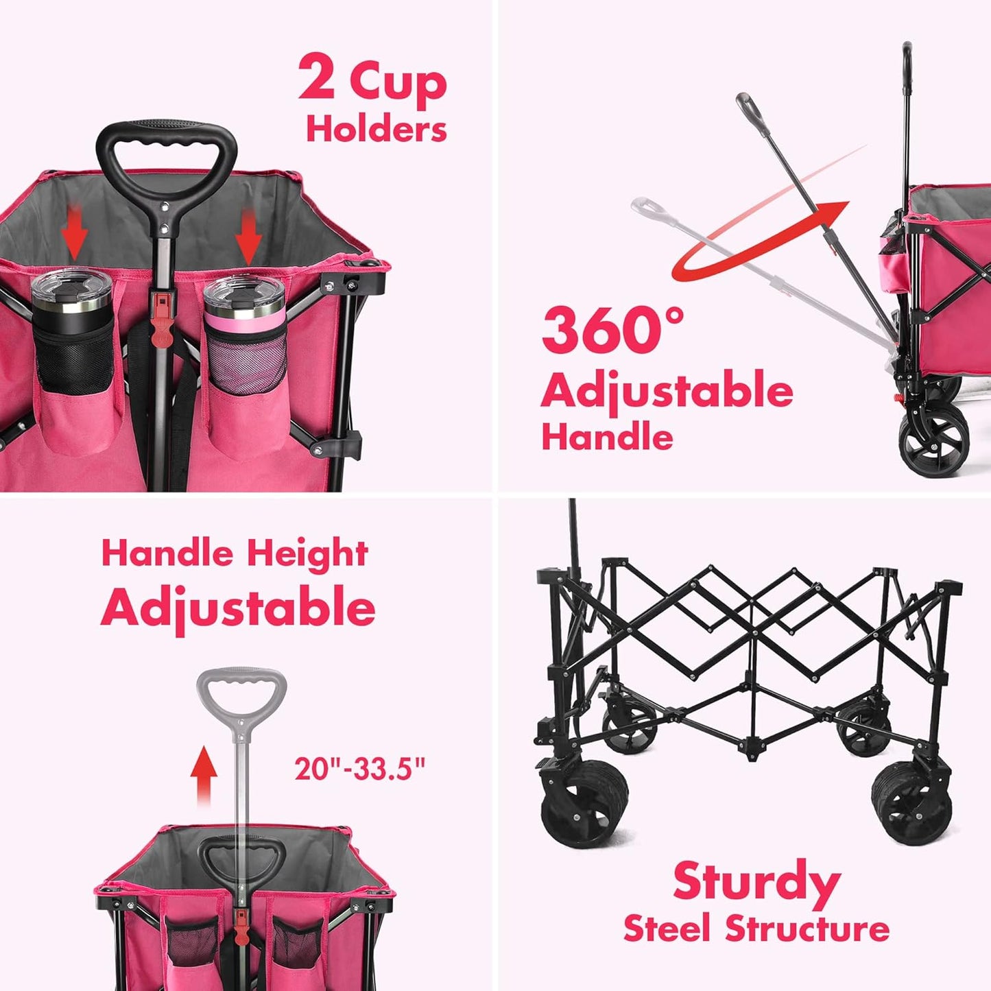 VILLEY Collapsible Folding Wagon with Big Wheels, Enlarged 225lbs Capacity, All Terrain Wagons Carts Heavy Duty Foldable, Portable Utility Garden Cart with 2 Cup Holders and Brake, Pink